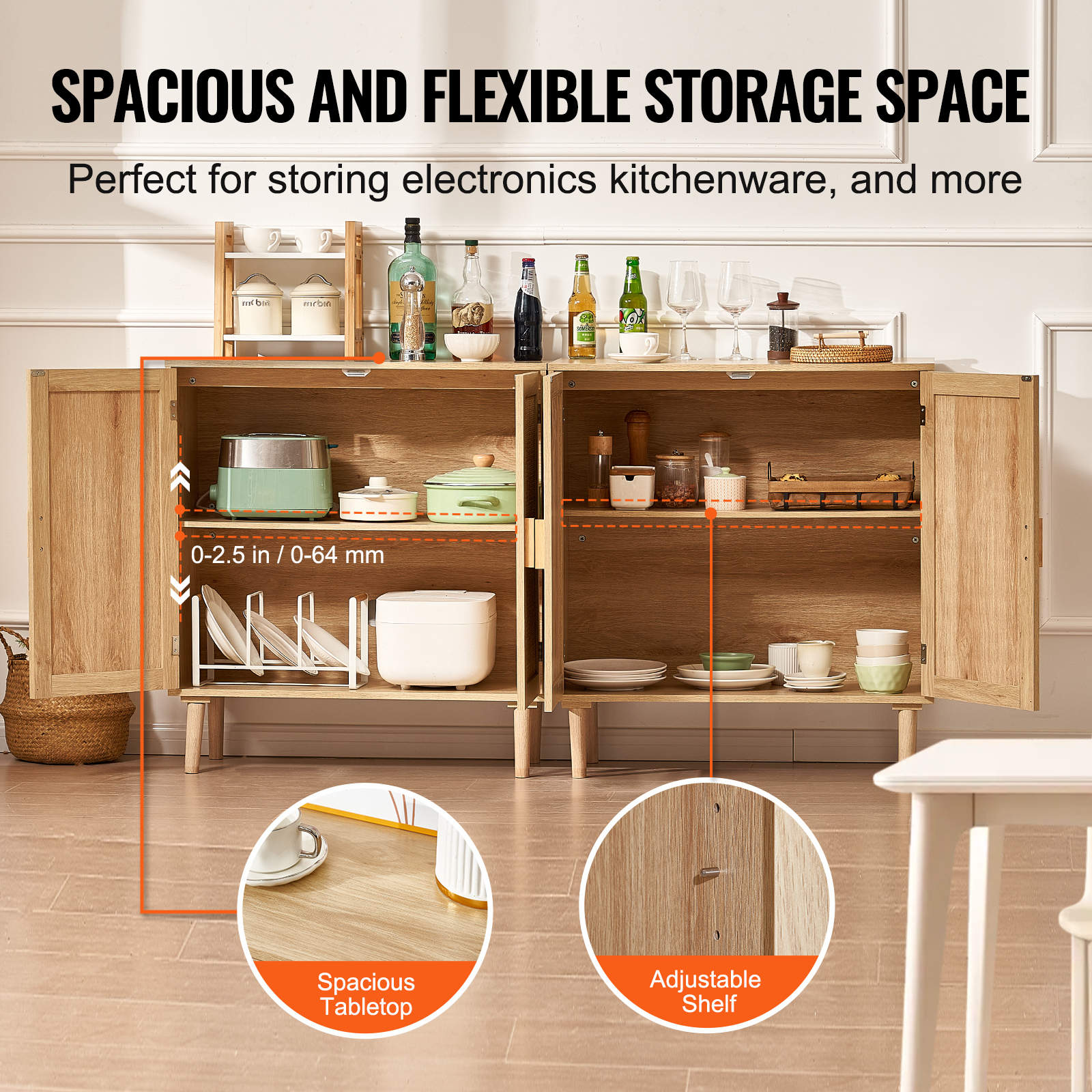 Rattan Cabinet with 4/2 Magnetic Doors 2/3 Drawers Adjustable Shelves Natural - Picture 6 of 86