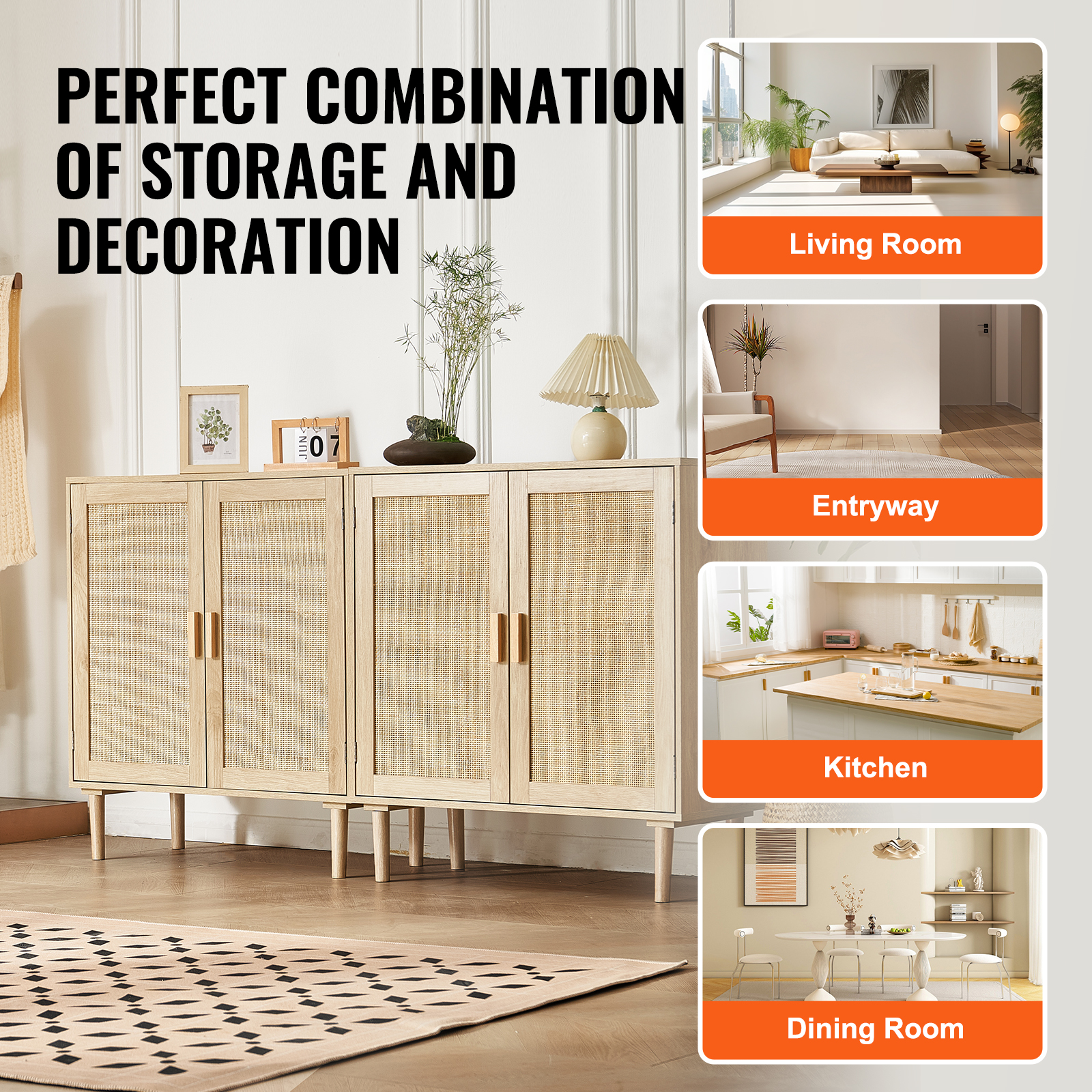 Rattan Cabinet with 4/2 Magnetic Doors 2/3 Drawers Adjustable Shelves Natural - Picture 8 of 86