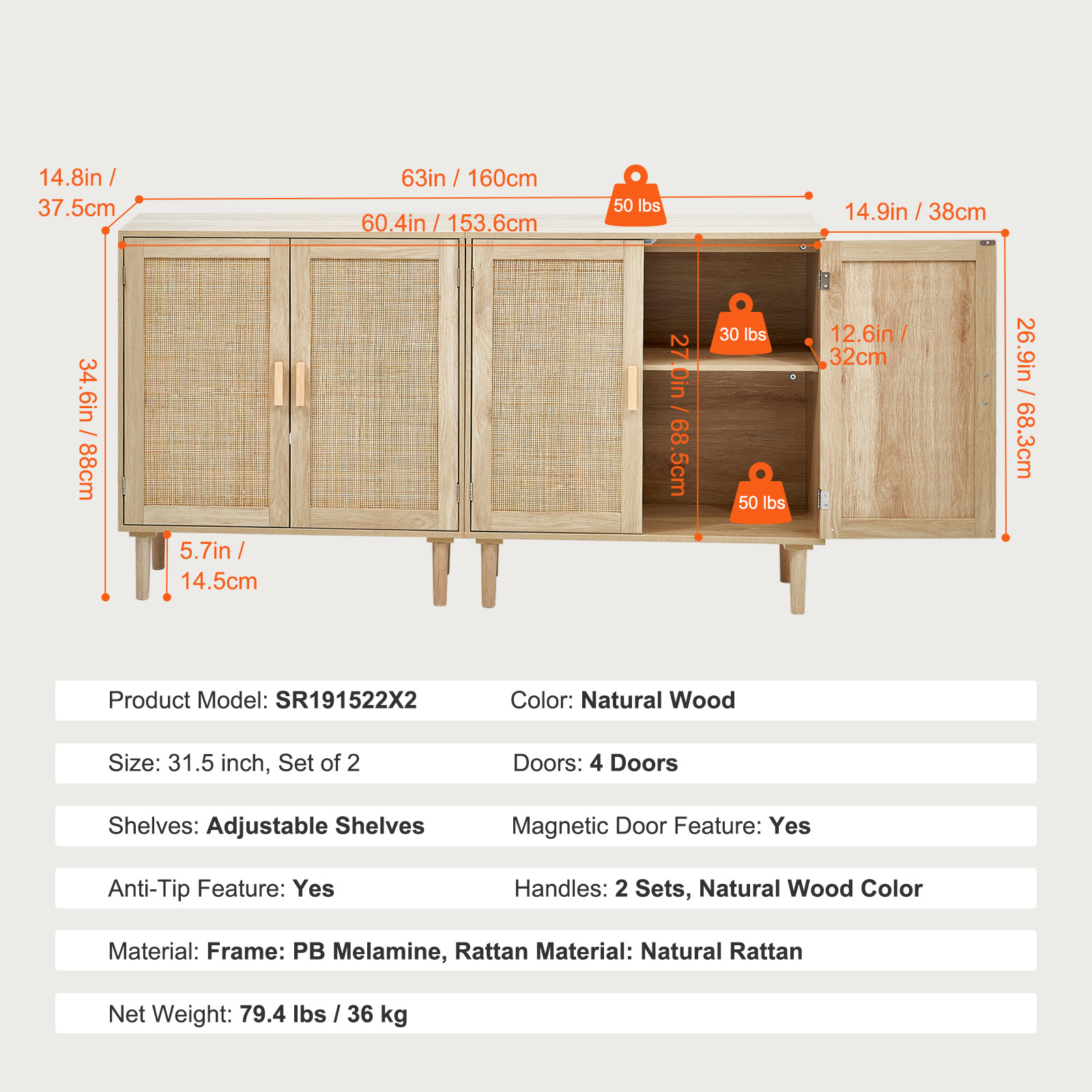 Rattan Cabinet with 4/2 Magnetic Doors 2/3 Drawers Adjustable Shelves Natural - Picture 9 of 86
