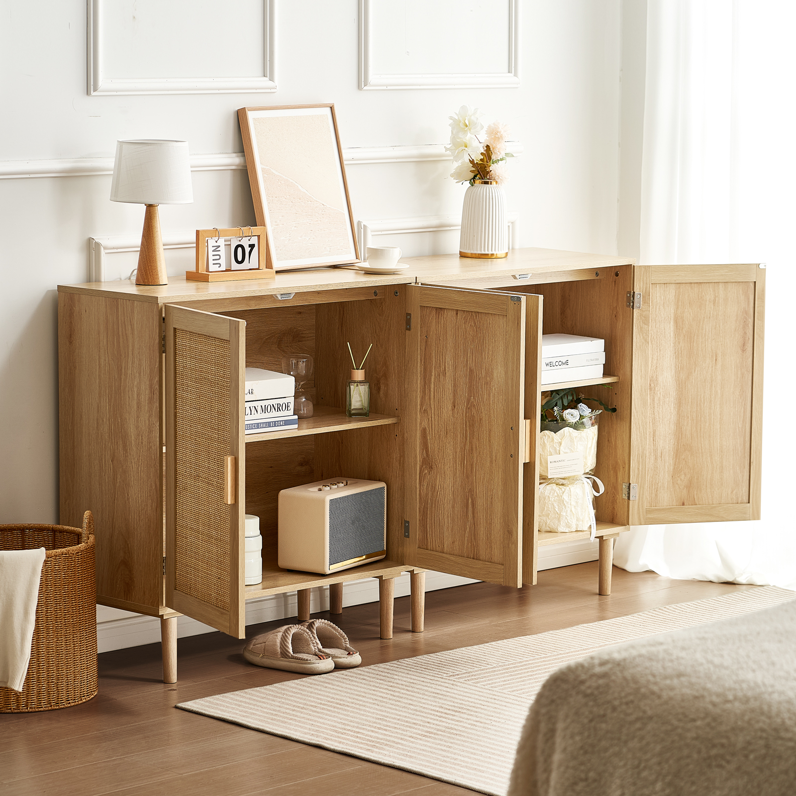 Rattan Cabinet with 4/2 Magnetic Doors 2/3 Drawers Adjustable Shelves Natural - Picture 10 of 86