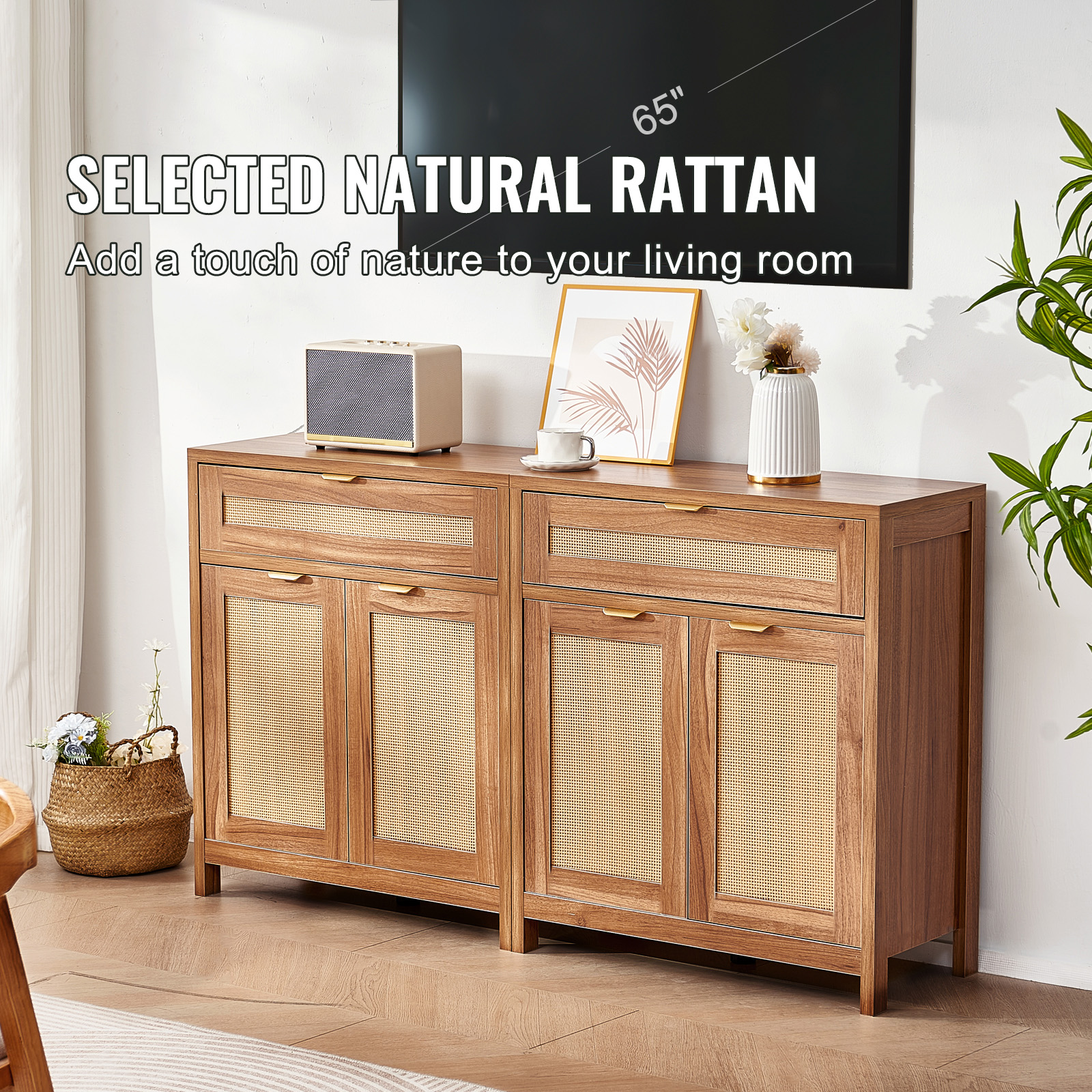 Rattan Cabinet with 4/2 Magnetic Doors 2/3 Drawers Adjustable Shelves Natural - Picture 52 of 86