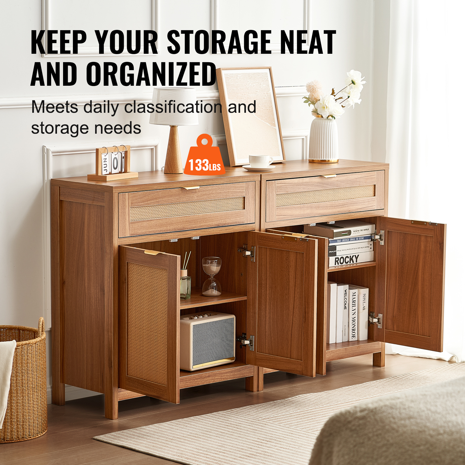 Rattan Cabinet with 4/2 Magnetic Doors 2/3 Drawers Adjustable Shelves Natural - Picture 53 of 86
