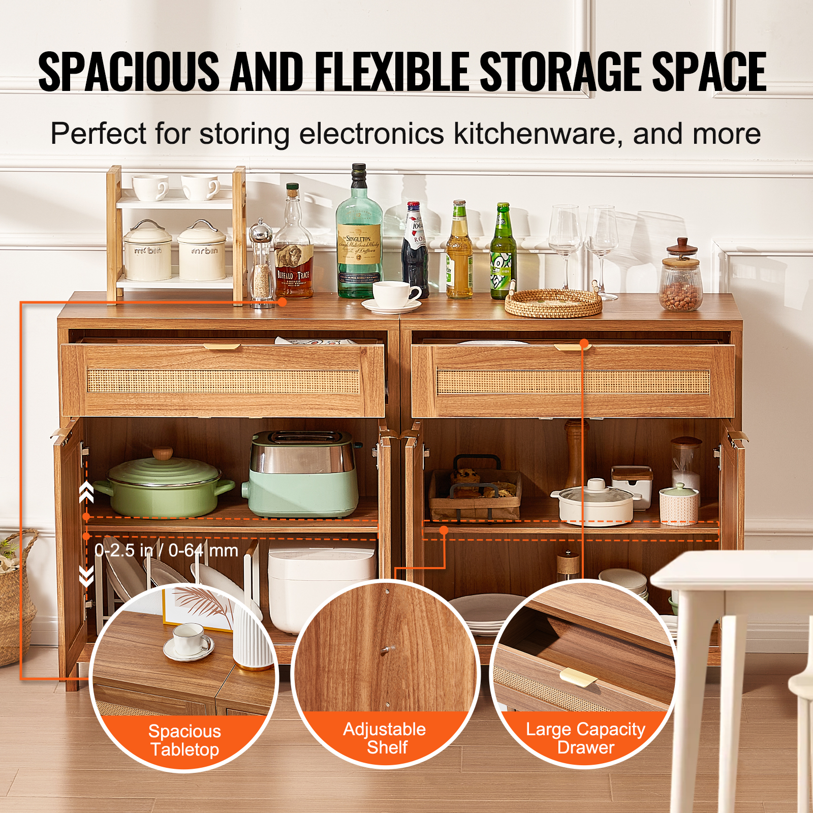 Rattan Cabinet with 4/2 Magnetic Doors 2/3 Drawers Adjustable Shelves Natural - Picture 54 of 86