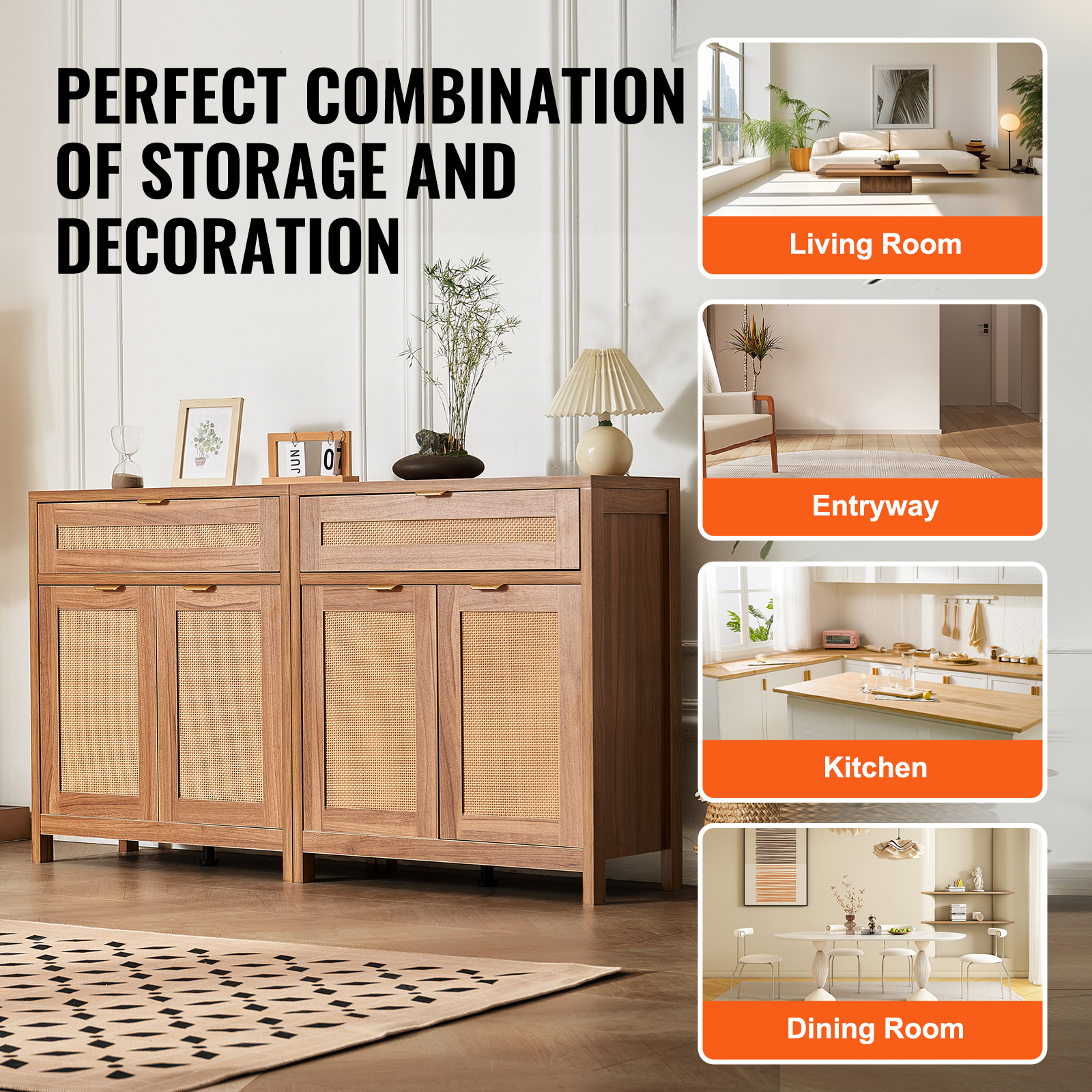 Rattan Cabinet with 4/2 Magnetic Doors 2/3 Drawers Adjustable Shelves Natural - Picture 56 of 86