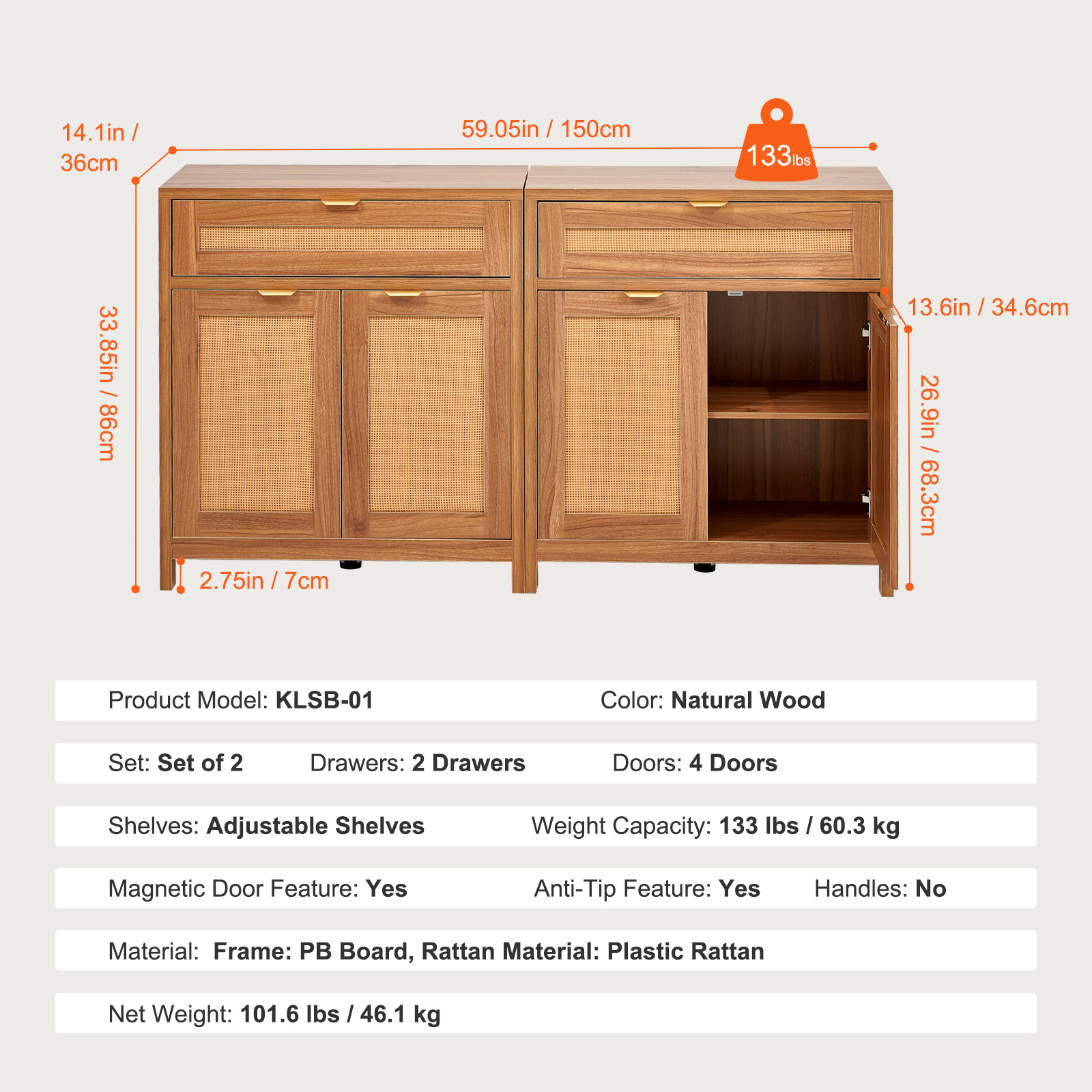 Rattan Cabinet with 4/2 Magnetic Doors 2/3 Drawers Adjustable Shelves Natural - Picture 57 of 86