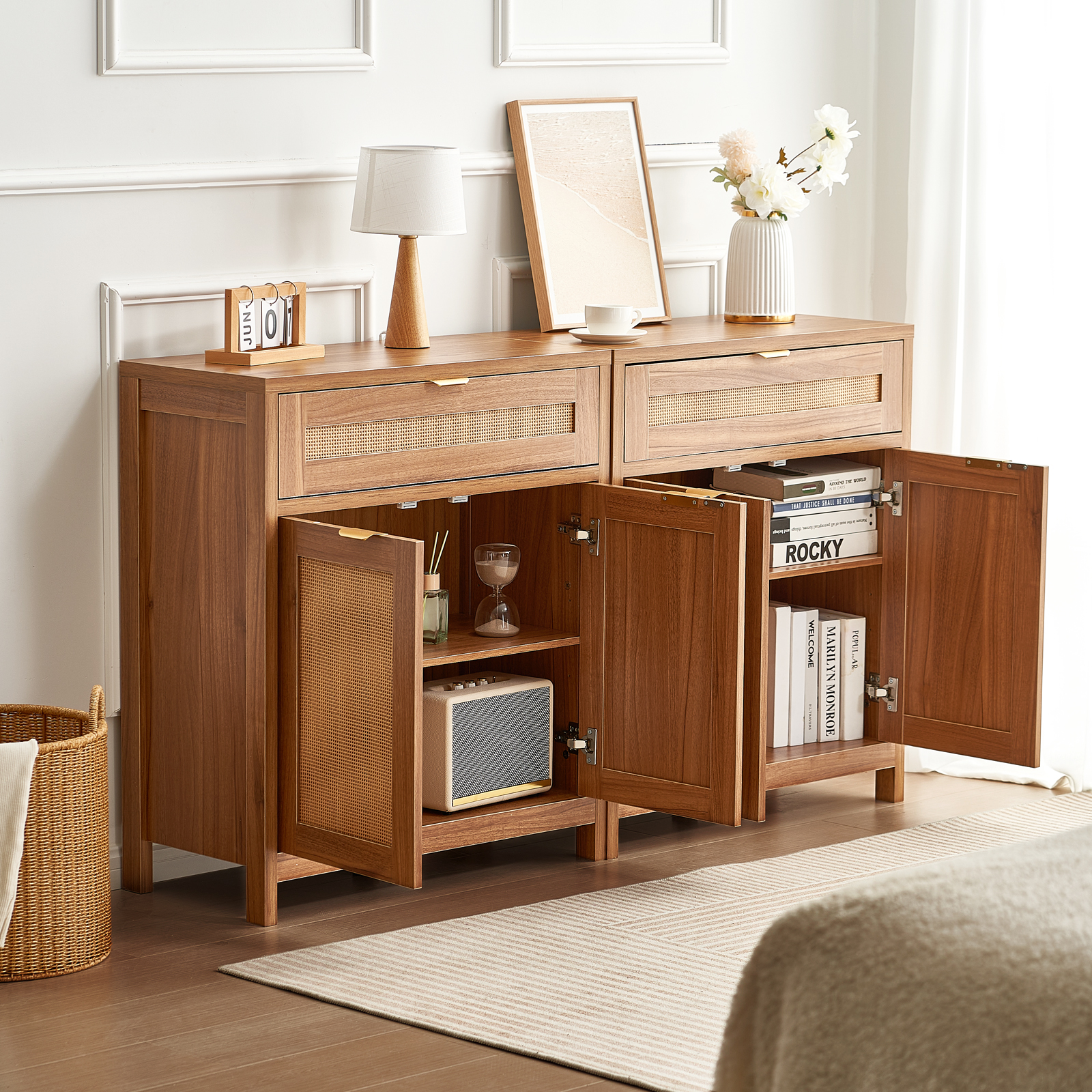 Rattan Cabinet with 4/2 Magnetic Doors 2/3 Drawers Adjustable Shelves Natural - Picture 58 of 86