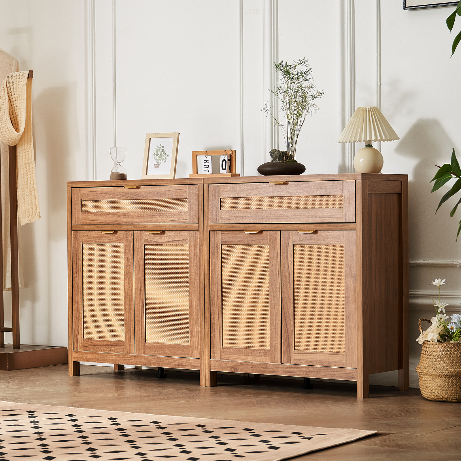 Rattan Cabinet with 4/2 Magnetic Doors 2/3 Drawers Adjustable Shelves Natural - Picture 51 of 86