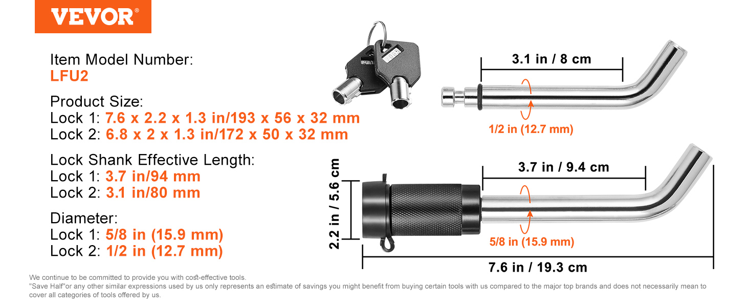 VEVOR Trailer Hitch Lock, 5/8-inch & 1/2-inch Diameter, Locking Receiver Pin with Two Keys, Weatherproof Anti-Theft Tow Lockable Pin with Dust, Mud & Gunk Protection, Fits for Truck, Boat, Bike, Car