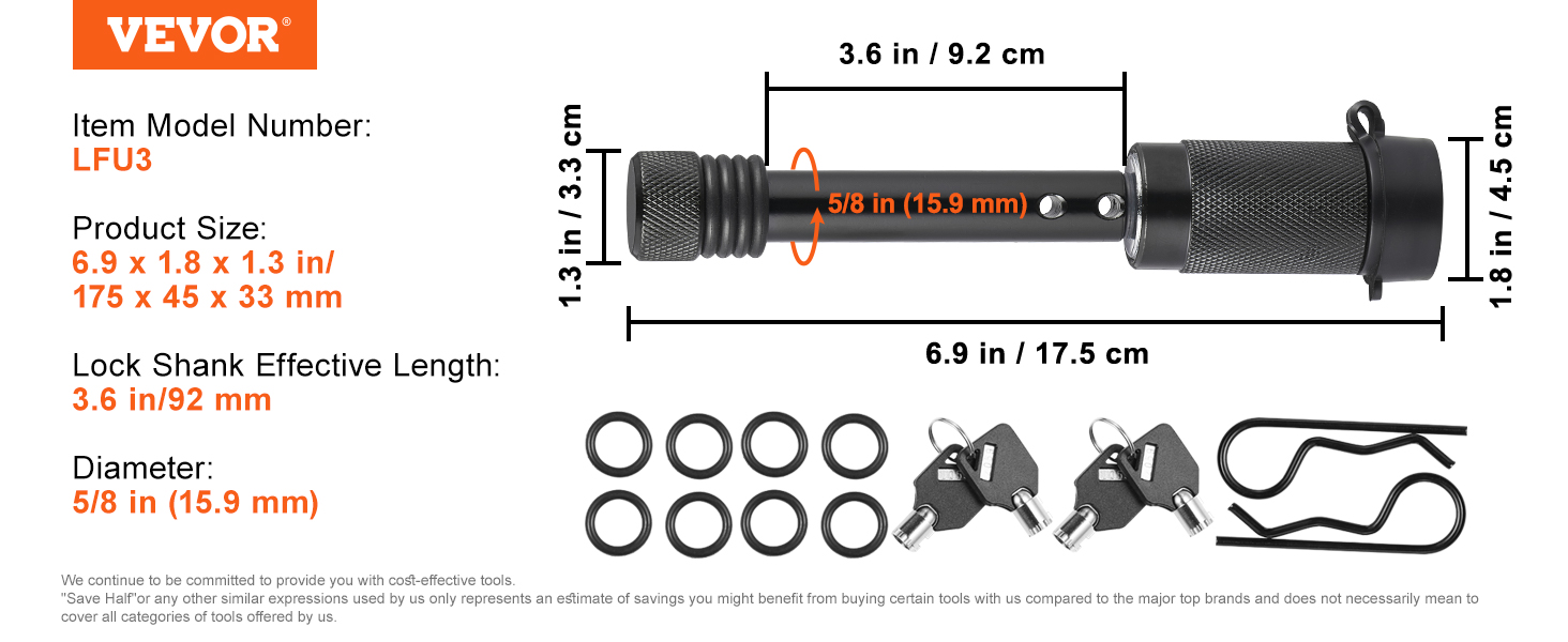 VEVOR Trailer Hitch Lock, 5/8-inch Diameter, 2-Pack Locking Receiver Pin with 4 Keys & 8 O-Rings, Weatherproof Anti-Theft Tow Lockable Pin with Dust, Mud & Gunk Protection, Fits for Truck, Boat, Bike