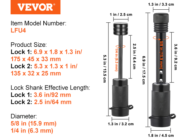 VEVOR Trailer Hitch Lock, 5/8-inch & 1/4-inch Diameter, 2-Pack Locking Receiver Pin with 4 Keys & 4 O-Rings, Weatherproof Anti-Theft Tow Lockable Pin with Dust, Mud Protection, Fits Truck, Boat, Bike