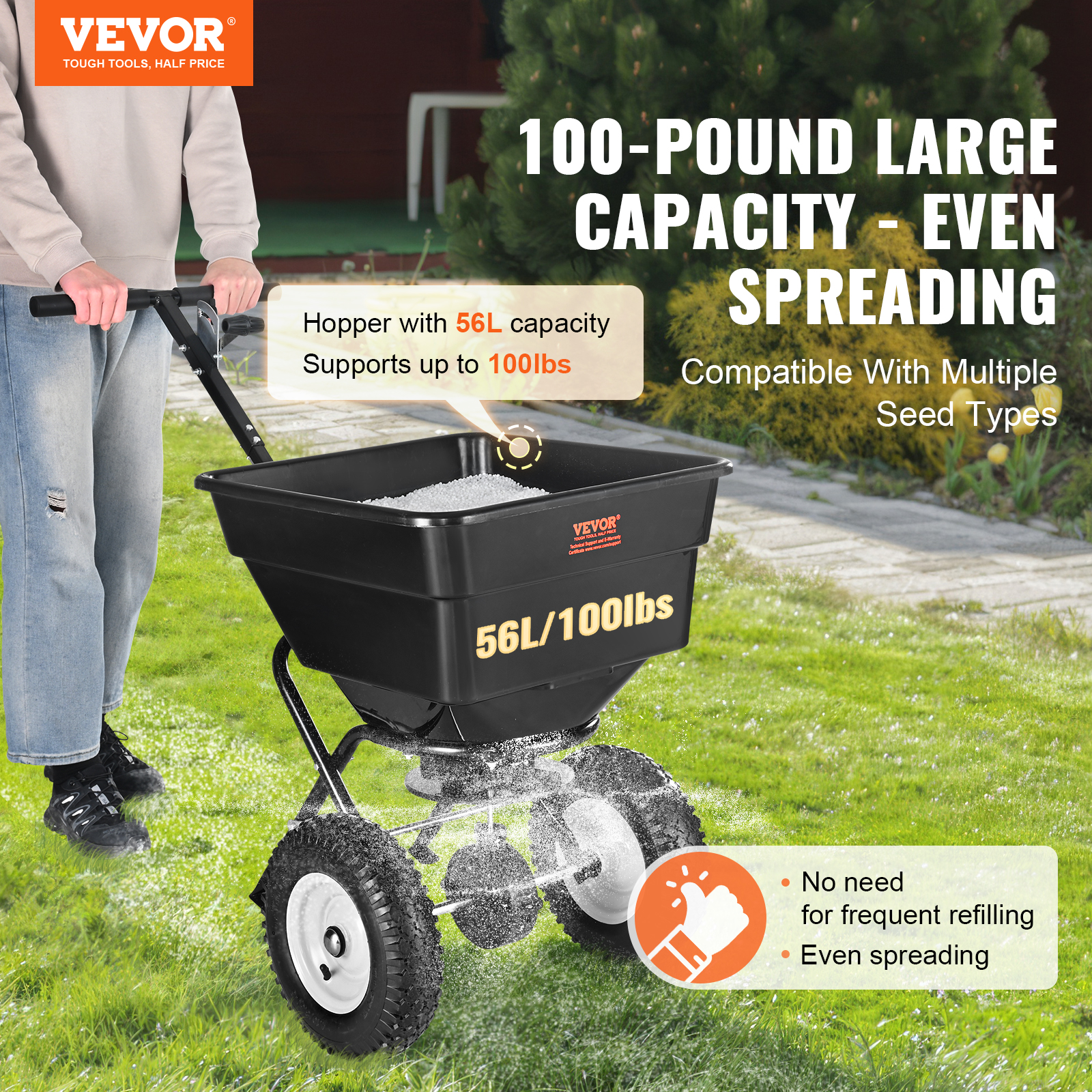 VEVOR 100/25lbs 10/12/8in Broadcast Spreader Tow Behind Poly Drop Spreader - Picture 16 of 38