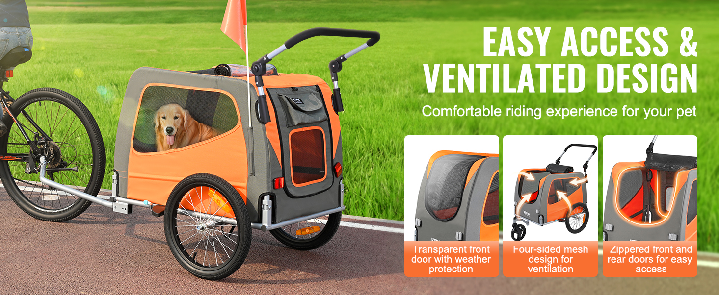 VEVOR Dog Bike Trailer, Supports up to 66 lbs, 2-in-1 Pet Stroller Cart  Bicycle Carrier, Easy Folding Cart Frame with Quick Release Wheels,  Universal Bicycle Coupler, Reflectors, Flag, Orange/Gray