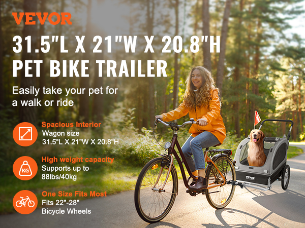 VEVOR Dog Bike Trailer, Supports Up To 88 Lbs, 2-in-1 Pet Stroller Cart