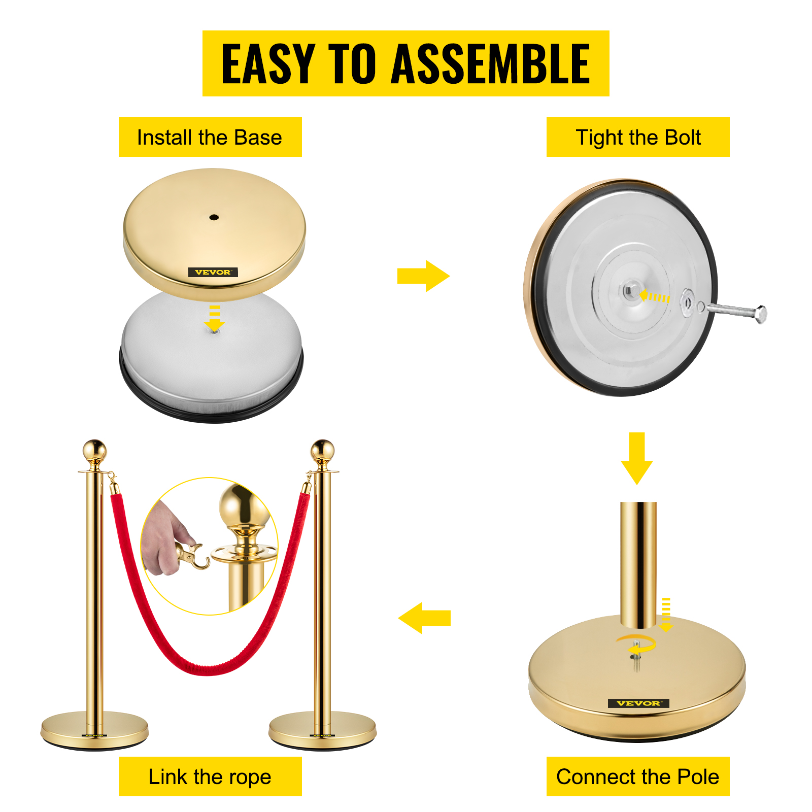 VEVOR Velvet Ropes and Posts, 5 ft/1.5 m Red Rope, Stainless Steel Gold Stanchion with Ball Top, Red Crowd Control Barrier Used for Theaters, Party, Wedding, Exhibition, Ticket Offices 4 packSets