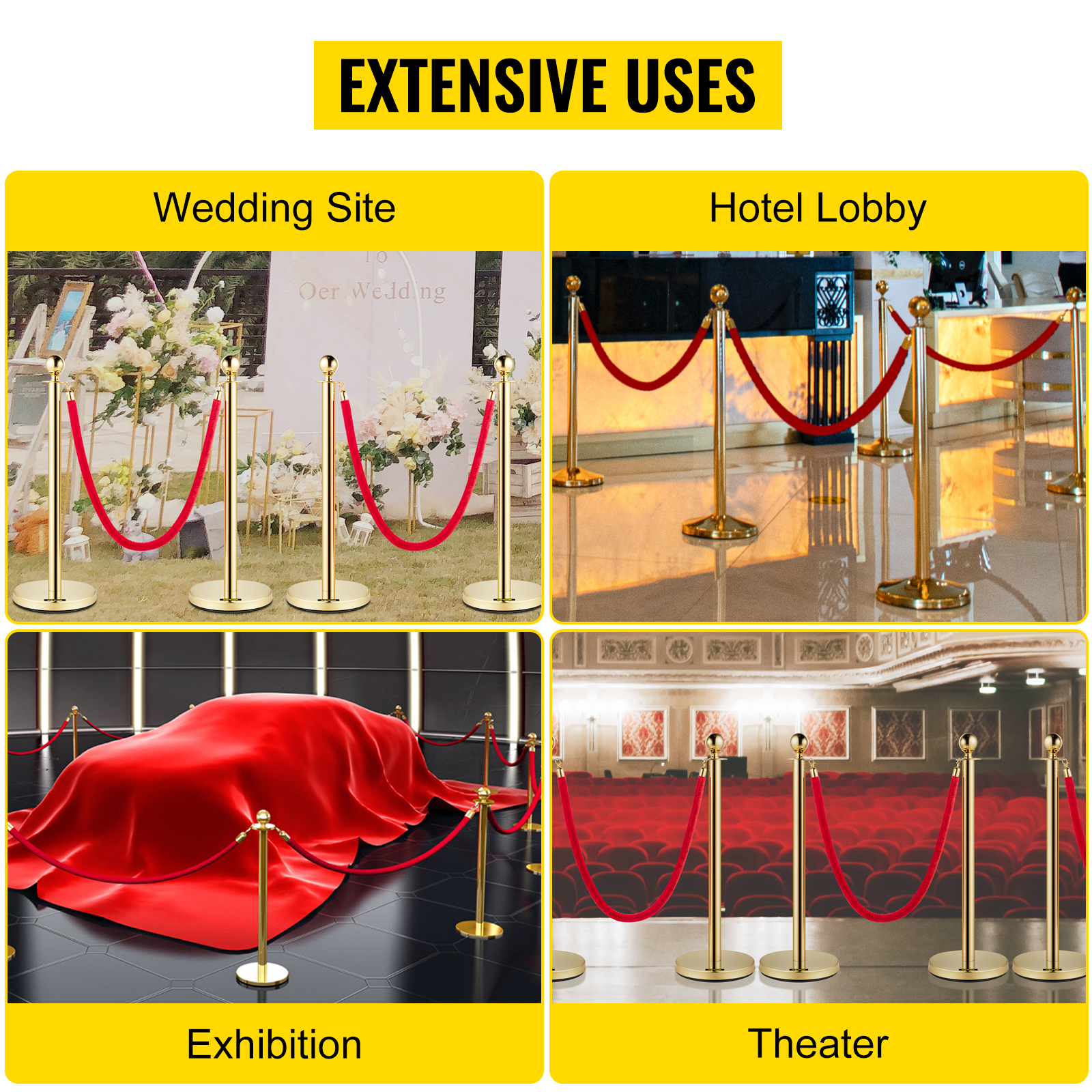 VEVOR Velvet Ropes and Posts, 5 ft/1.5 m Red Rope, Stainless Steel Gold Stanchion with Ball Top, Red Crowd Control Barrier Used for Theaters, Party, Wedding, Exhibition, Ticket Offices 4 packSets