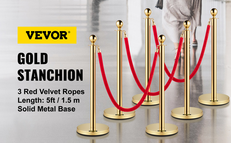 Gold Stanchions Posts,5FT Red Velvet Rope Crowd Control Barrier,Ideal for Party,Museums,Wedding 2PCS 