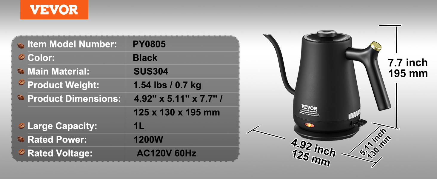 VEVOR Electric Gooseneck Kettle Gooseneck Pour Over Coffee Tea Kettle 1L  1200W