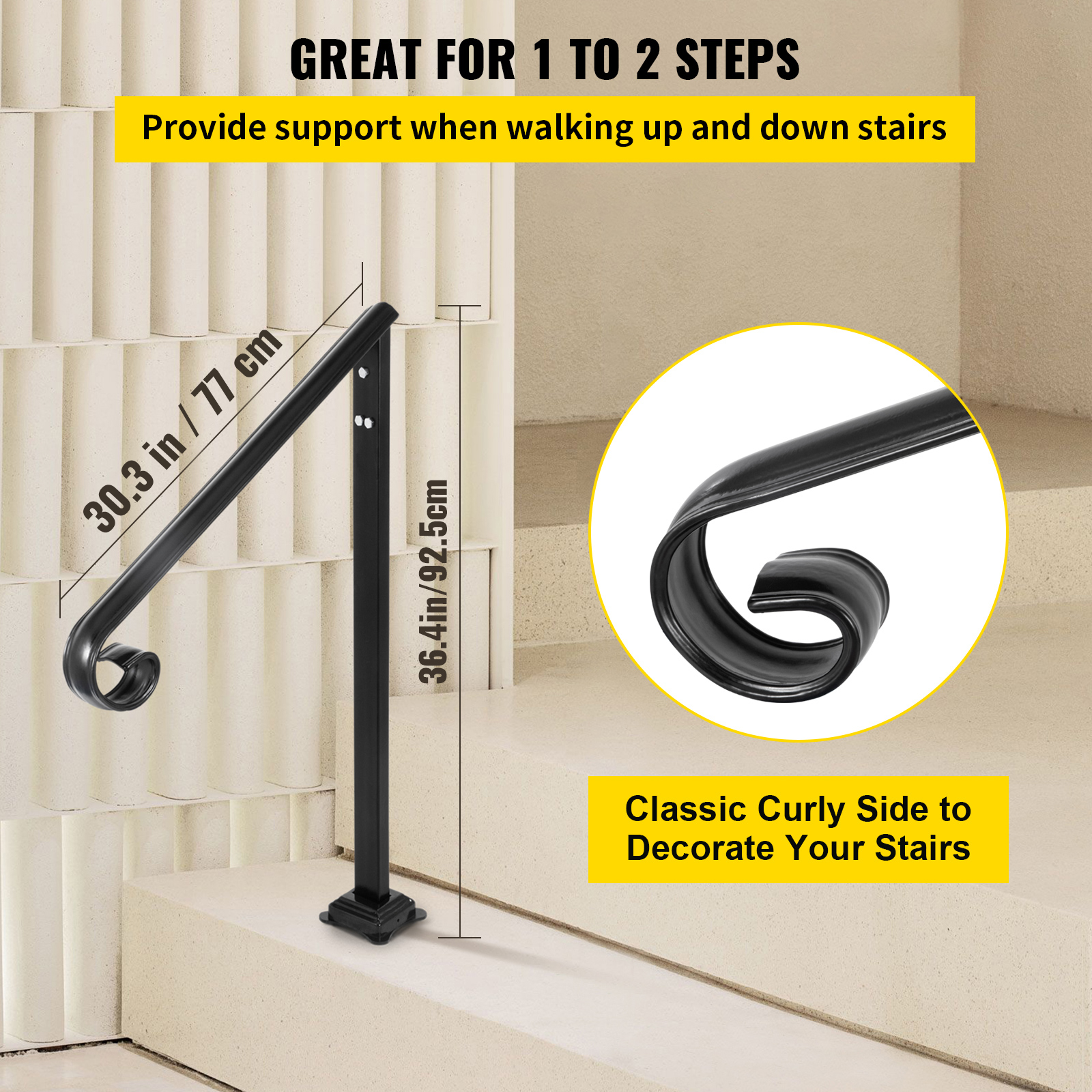 VEVOR Stair Handrail 1-3 Steps Railing Step Hand Rail Steel/ Metal for Porch - Picture 41 of 62