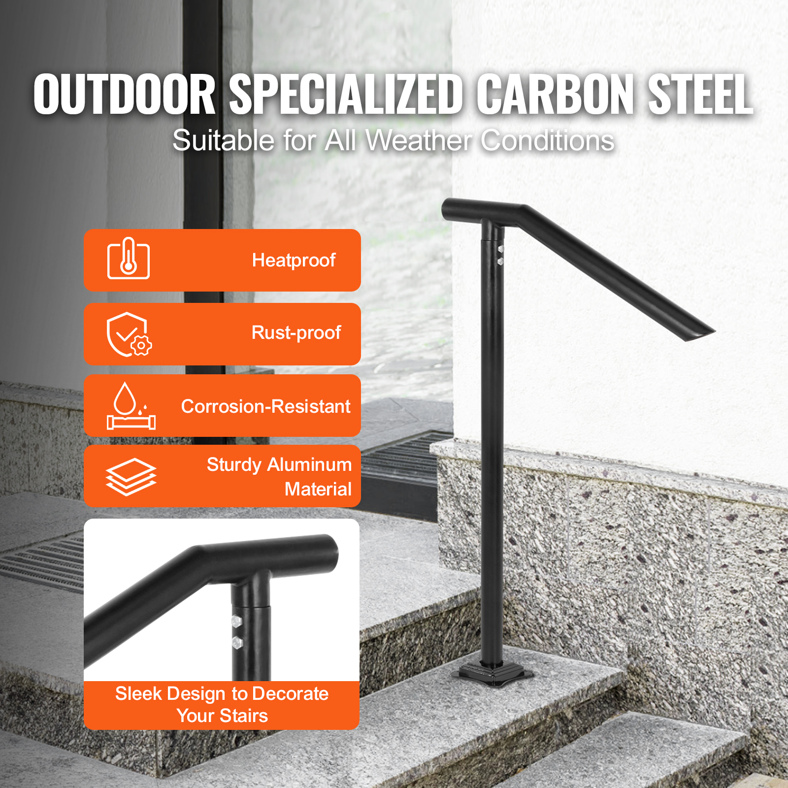 VEVOR Stair Handrail 1-3 Steps Railing Step Hand Rail Steel/ Metal for Porch - Picture 53 of 62
