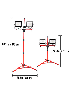 VEVOR LED Work Light with Stand, 6000 Lumen Dual-head LED Work Light with 27.6"-68.1" Adjustable and Foldable Tripod Stand, IP65 Waterproofed LED Tripod Work Light, with 5000 Kelvin Color Temperature