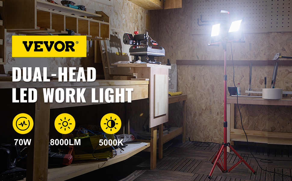 VEVOR LED Work Light with Stand, 8000 Lumen Dual-head LED Work Light with 27.6"-68.1" Adjustable and Foldable Tripod Stand, IP65 Waterproofed LED Tripod Work Light, with 5000 Kelvin Color Temperature