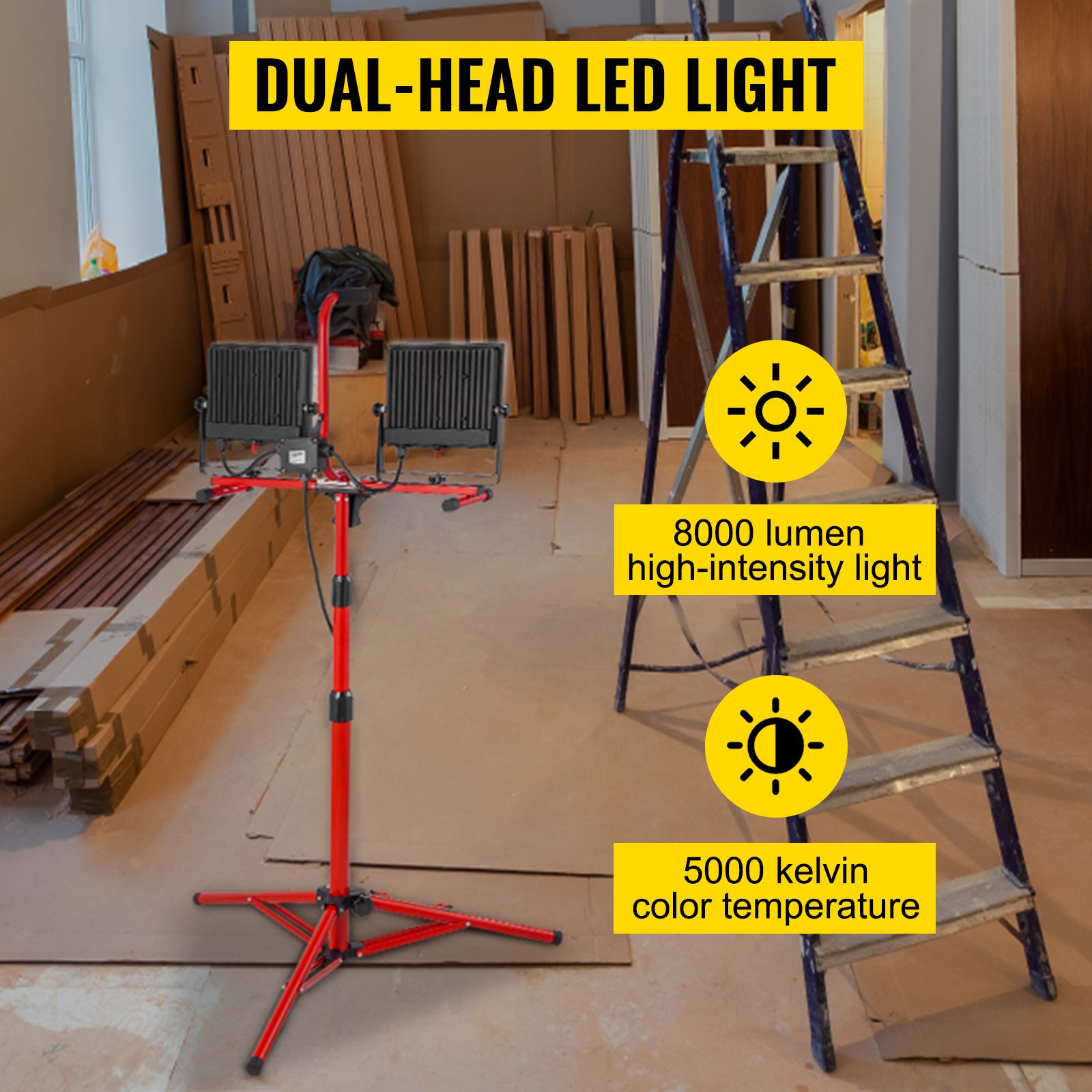 VEVOR LED Work Light with Stand, 8000 Lumen Dual-head LED Work Light with 27.6"-68.1" Adjustable and Foldable Tripod Stand, IP65 Waterproofed LED Tripod Work Light, with 5000 Kelvin Color Temperature