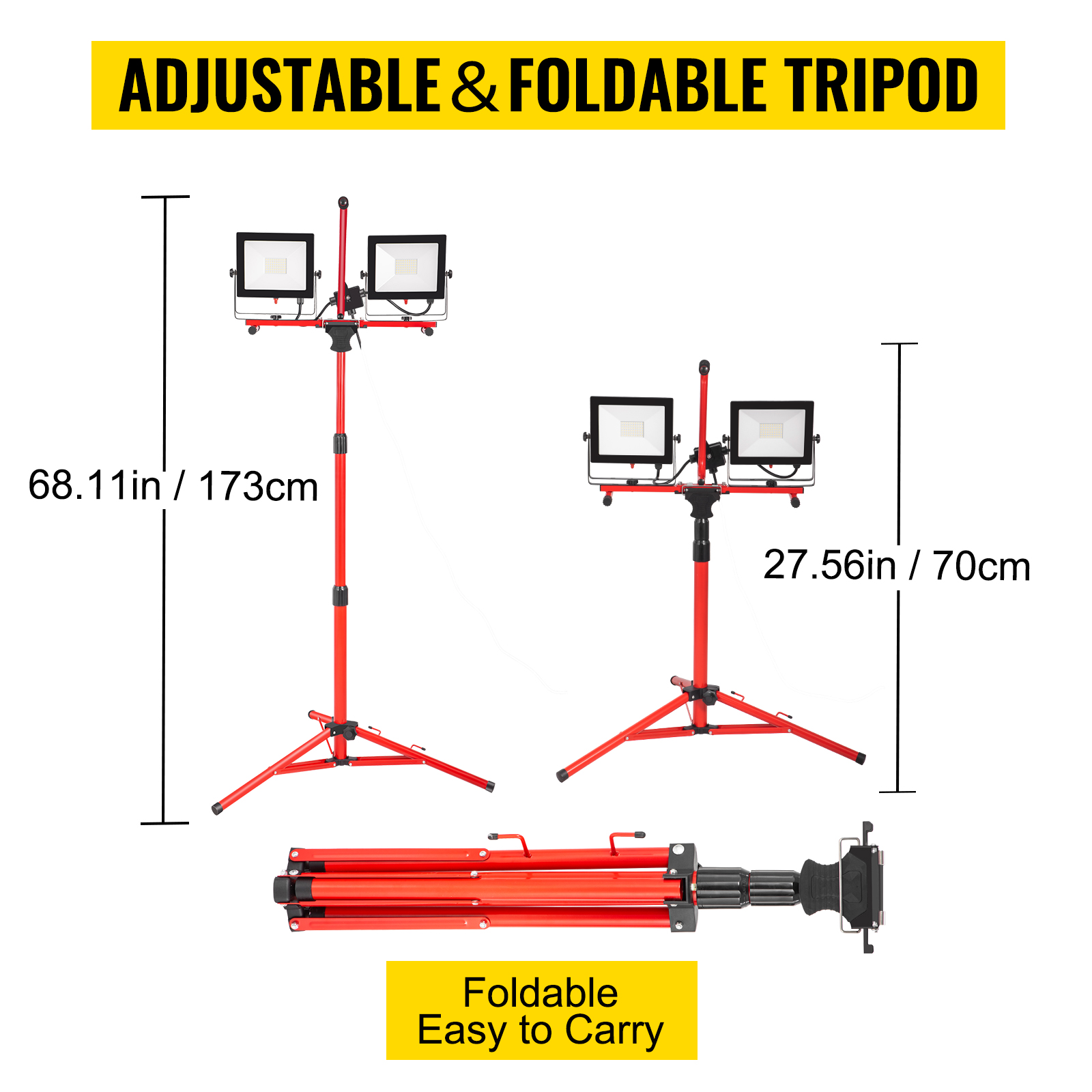 VEVOR LED Work Light with Stand, 8000 Lumen Dual-head LED Work Light with 27.6"-68.1" Adjustable and Foldable Tripod Stand, IP65 Waterproofed LED Tripod Work Light, with 5000 Kelvin Color Temperature
