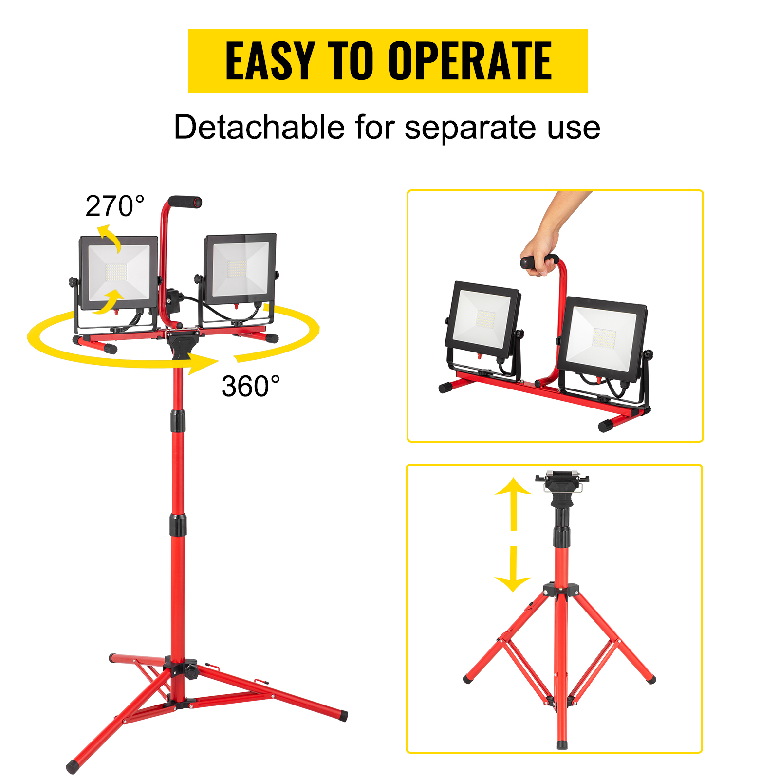 VEVOR LED Work Light with Stand, 8000 Lumen Dual-head LED Work Light with 27.6"-68.1" Adjustable and Foldable Tripod Stand, IP65 Waterproofed LED Tripod Work Light, with 5000 Kelvin Color Temperature