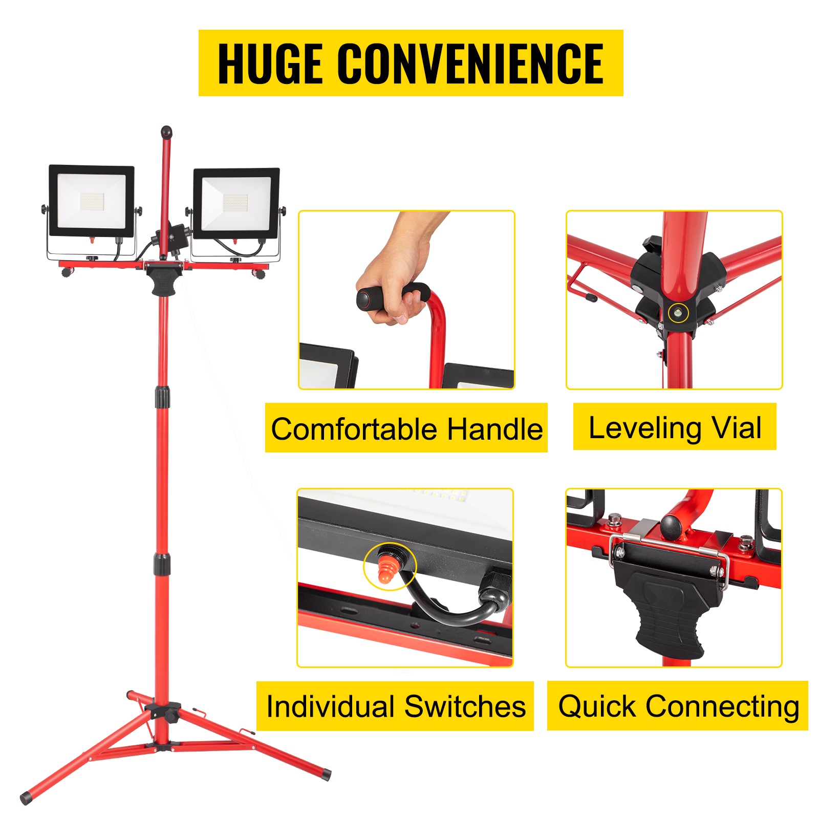VEVOR LED Work Light with Stand, 8000 Lumen Dual-head LED Work Light with 27.6"-68.1" Adjustable and Foldable Tripod Stand, IP65 Waterproofed LED Tripod Work Light, with 5000 Kelvin Color Temperature