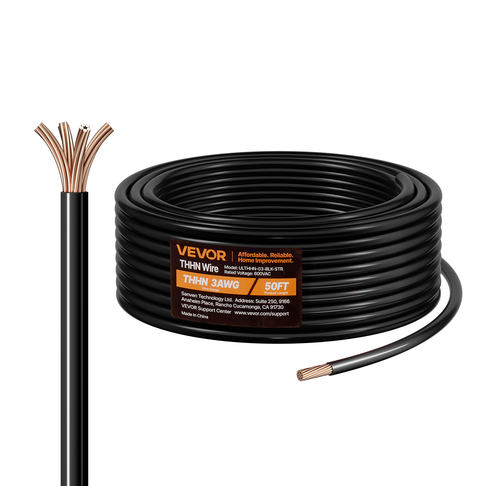 Uimoso 3-12 AWG THHN Wire, Stranded Black Copper Building Cable, 50-175 ft, 600V