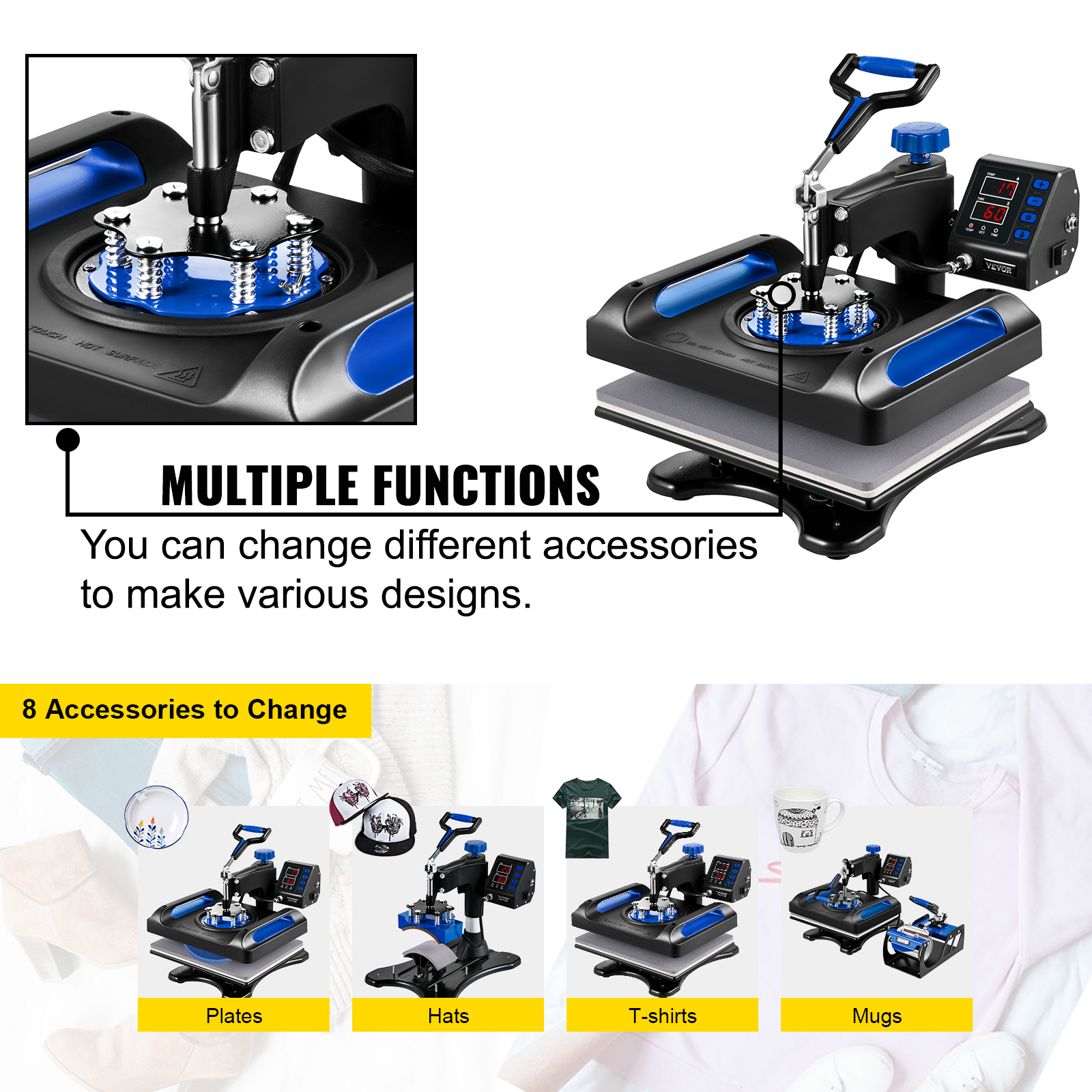 VEVOR Heat Press Machine for T-shirts - 8 in 1 Heat Press Sublimation Machine with 360° Rotation/Dual-Tube Heating, 12 x 15 Swing Away Heat Press