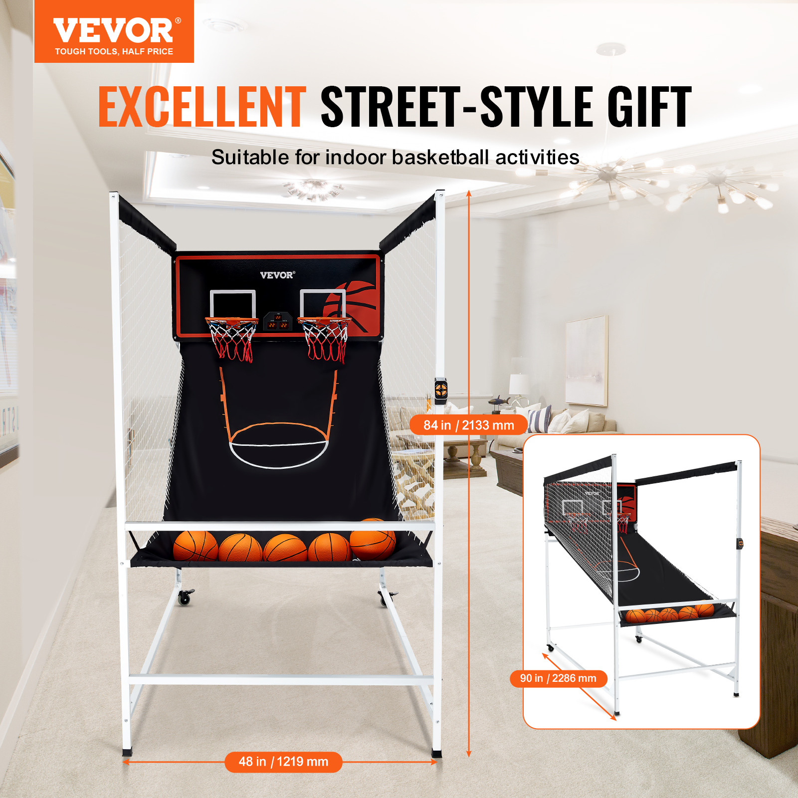 VEVOR Indoor Double Shot Basketball Arcade Game Iron Cage 2 Player 5/4 Balls - Picture 4 of 50
