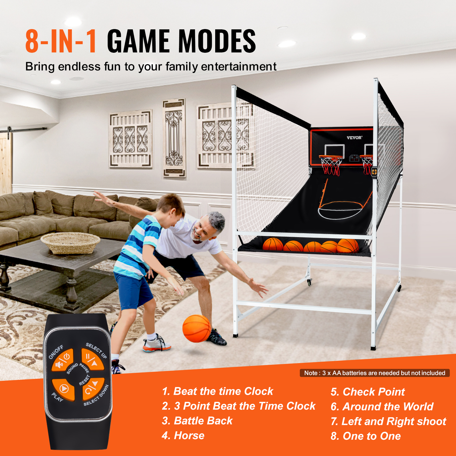 VEVOR Indoor Double Shot Basketball Arcade Game Iron Cage 2 Player 5/4 Balls - Picture 6 of 50