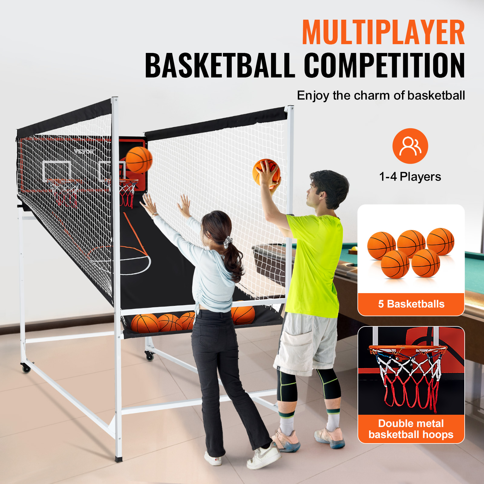 VEVOR Indoor Double Shot Basketball Arcade Game Iron Cage 2 Player 5/4 Balls - Picture 7 of 50