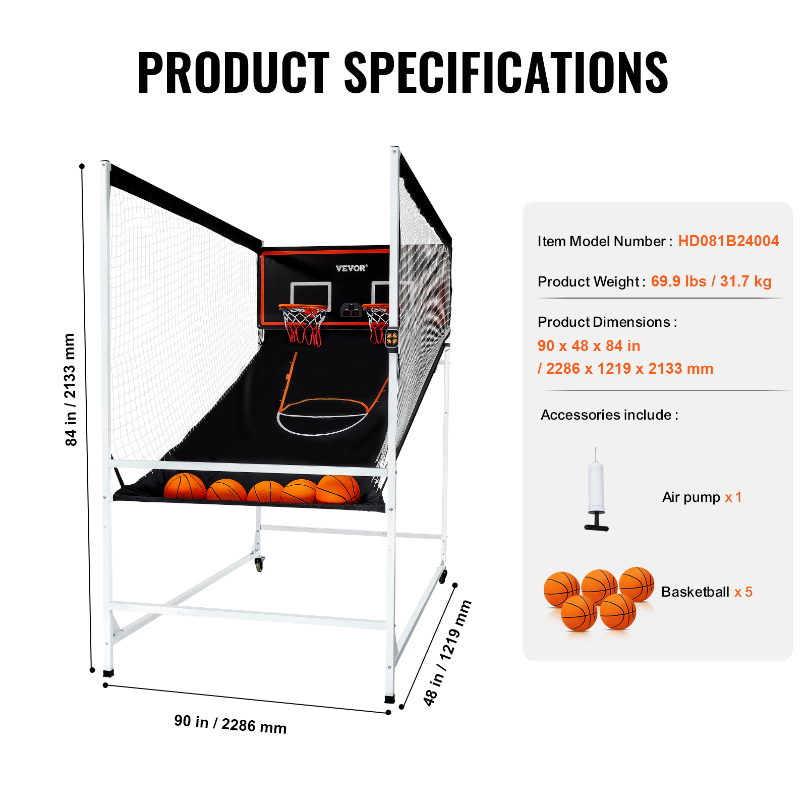 VEVOR Indoor Double Shot Basketball Arcade Game Iron Cage 2 Player 5/4 Balls - Picture 9 of 50