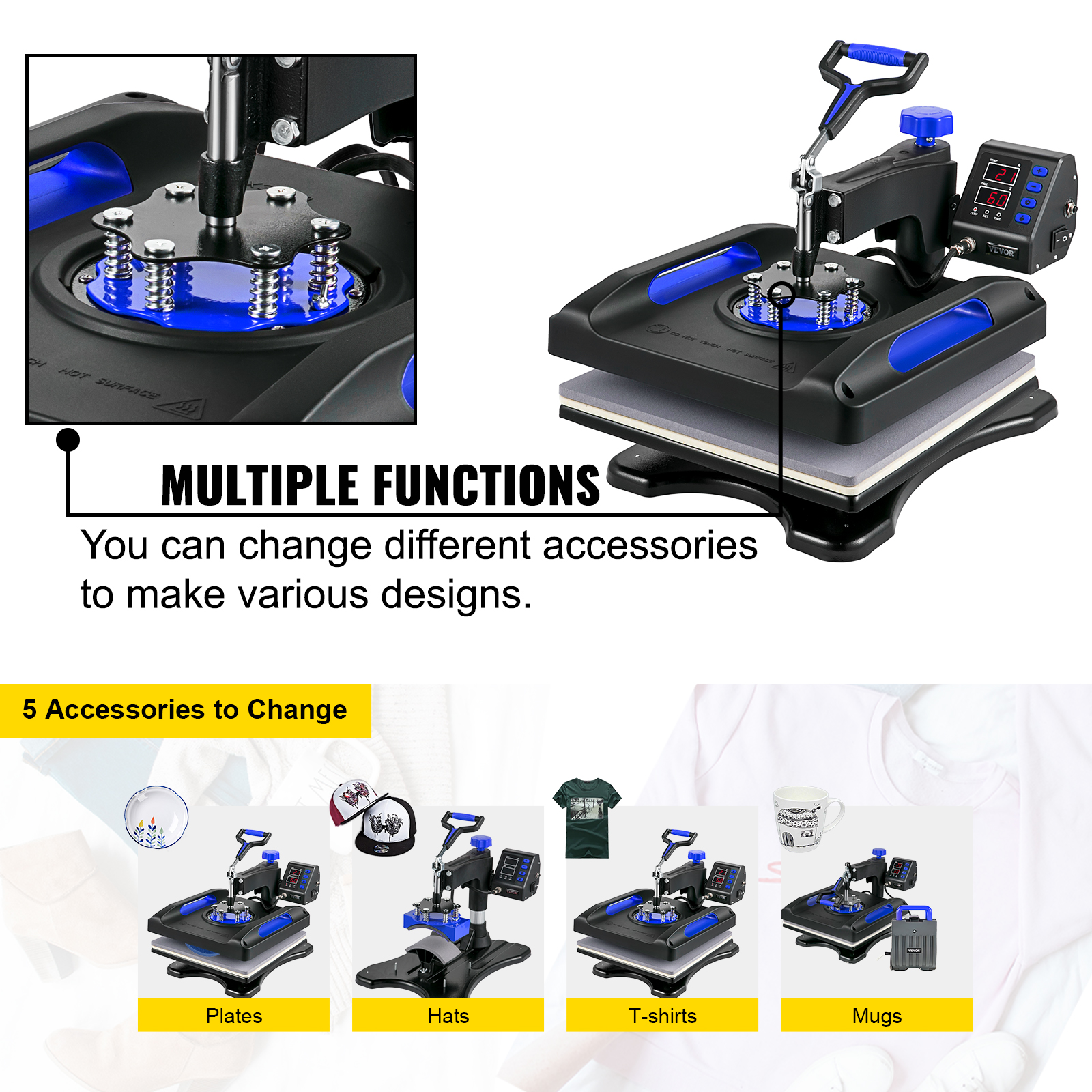 VEVOR Heat Press 15x15, Upgraded Heat Press Machine 5 in 1, Anti-Scald,  Fast-Heating, Swing Away Digital Control Multifunction Heat Press for  Sublimation Combo for T-Shirt Hat Cap Mug Plate
