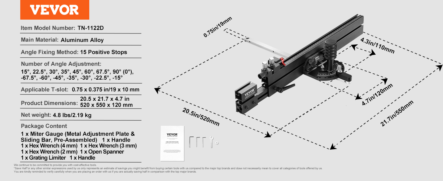 Přesný měřič pokosu VEVOR, standardní drážka 3/4'' x 3/8'', Pokosový měřič pro stolní pilu z hliníkové slitiny s mřížkou 19-35 in 15 úhlových dorazů Nastavitelný pružinový plunžr a vyjímatelný kotouč, pro zpracování dřeva
