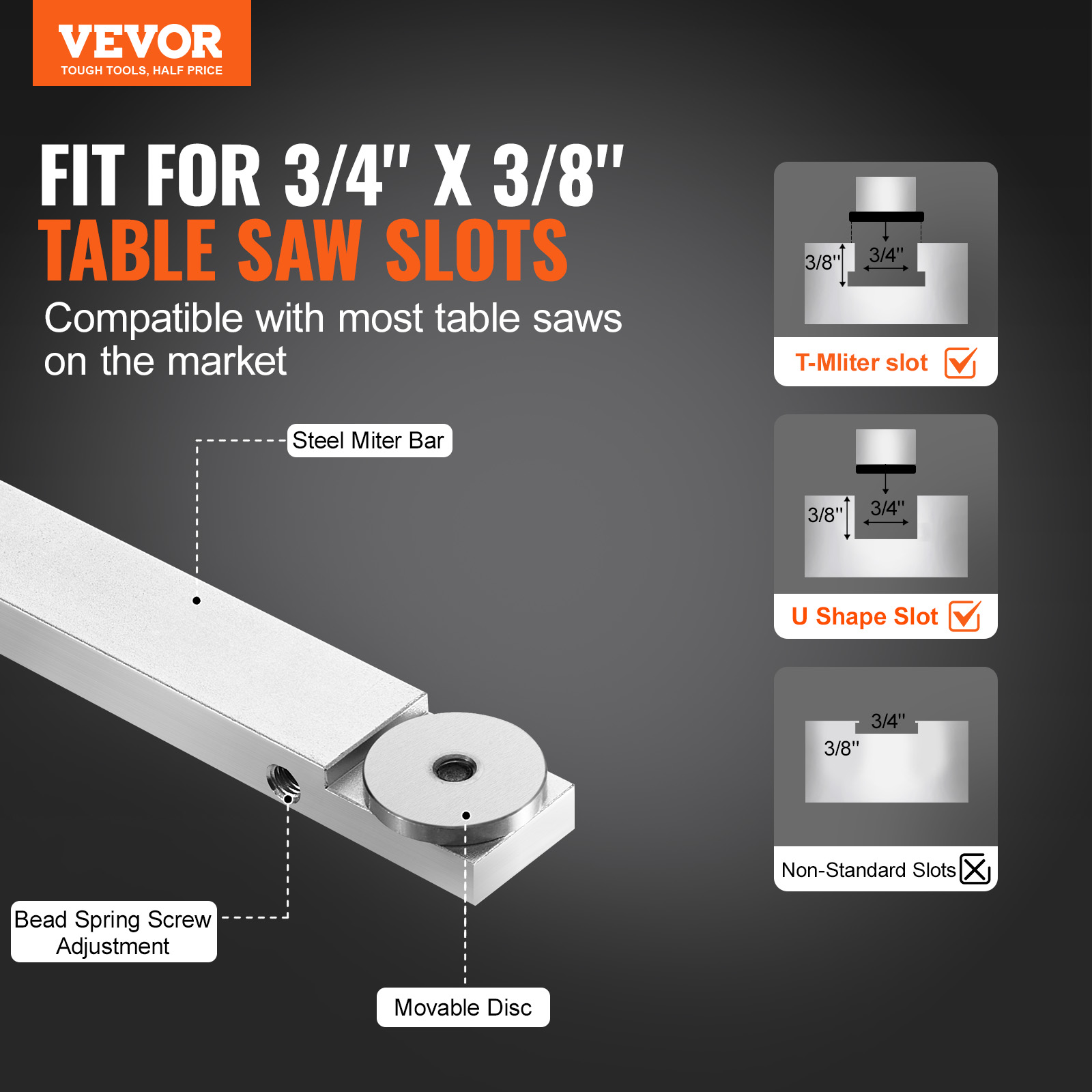 VEVOR Precision Table Saw Miter Gauge Standard Slot 3/4x3/8in 18/24 inGrating