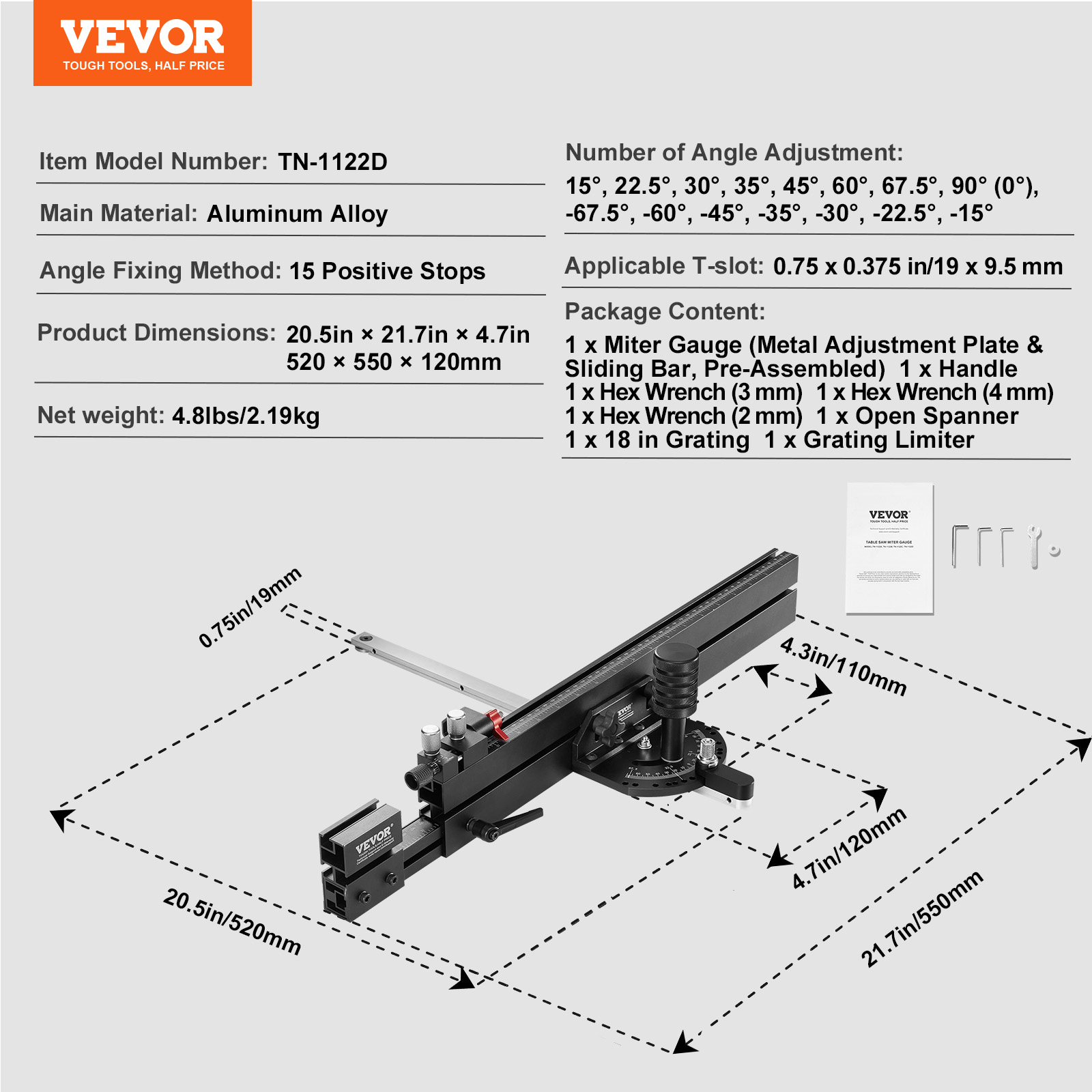 VEVOR Precision Table Saw Miter Gauge Standard Slot 3/4x3/8in 18/24 inGrating