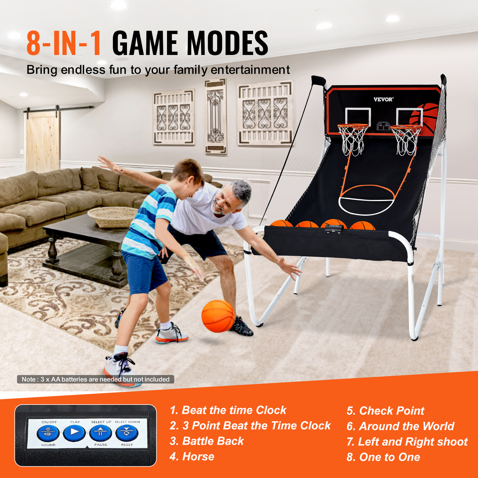 VEVOR Indoor Double Shot Basketball Arcade Game Iron Cage 2 Player 5/4 Balls - Picture 30 of 50