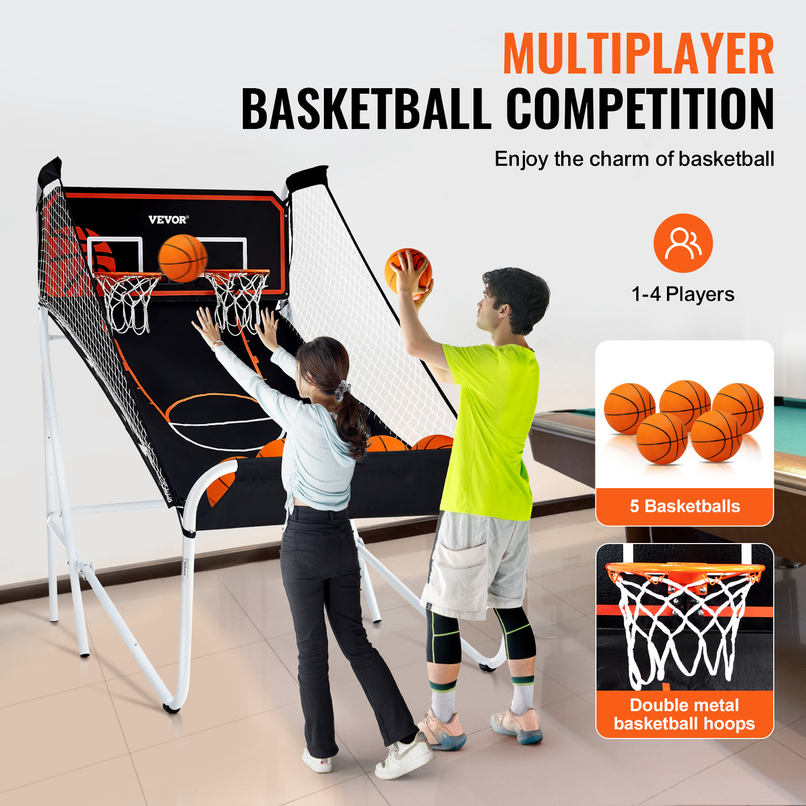 VEVOR Indoor Double Shot Basketball Arcade Game Iron Cage 2 Player 5/4 Balls - Picture 31 of 50