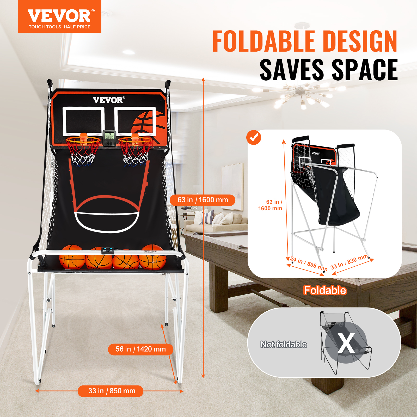 VEVOR Indoor Double Shot Basketball Arcade Game Iron Cage 2 Player 5/4 Balls - Picture 40 of 50