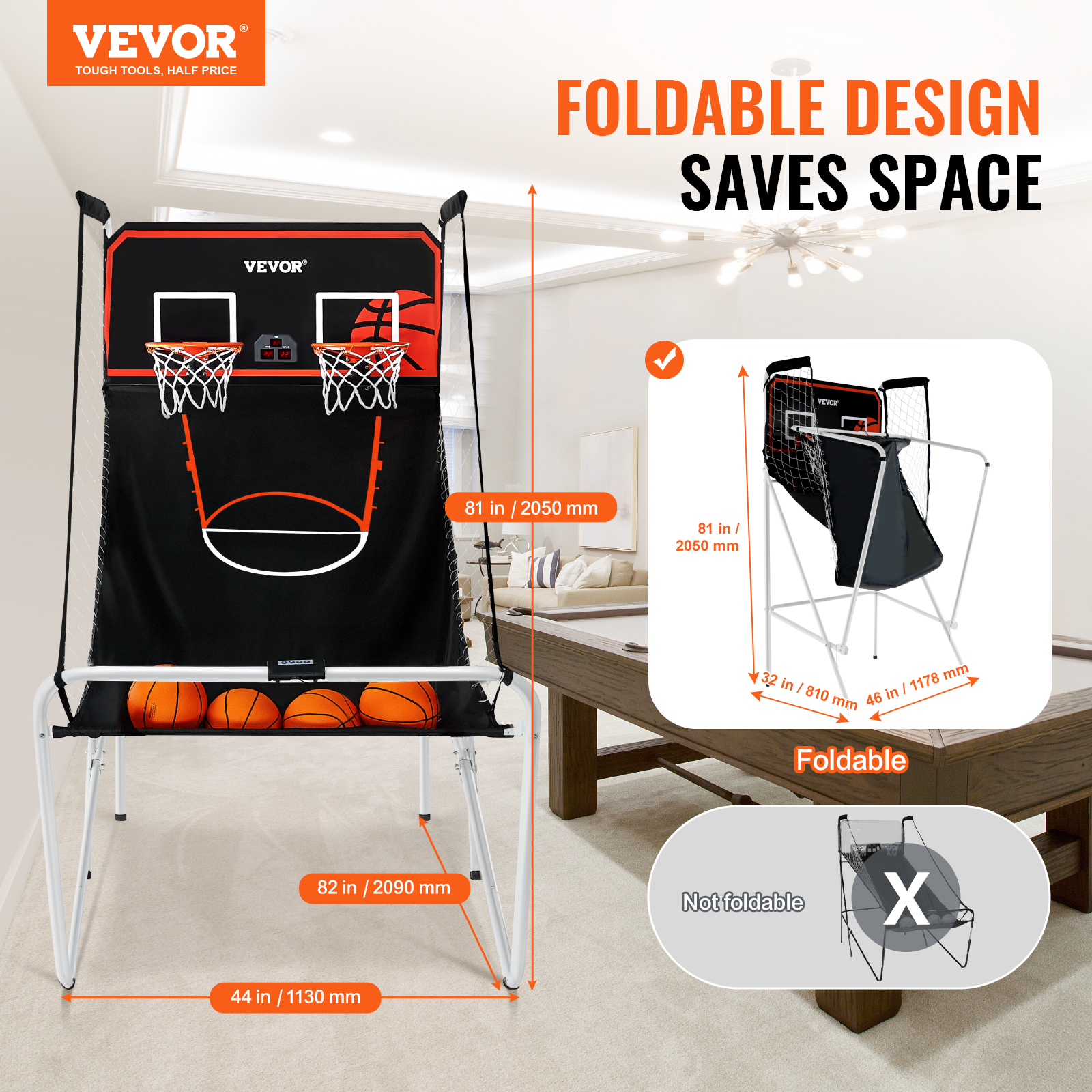VEVOR Indoor Double Shot Basketball Arcade Game Iron Cage 2 Player 5/4 Balls - Picture 16 of 50