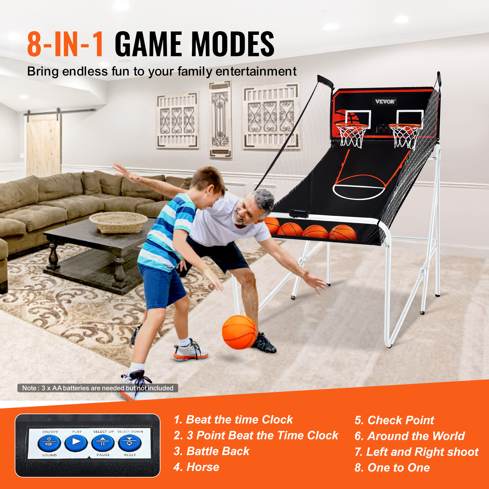 VEVOR Indoor Double Shot Basketball Arcade Game Iron Cage 2 Player 5/4 Balls - Picture 18 of 50