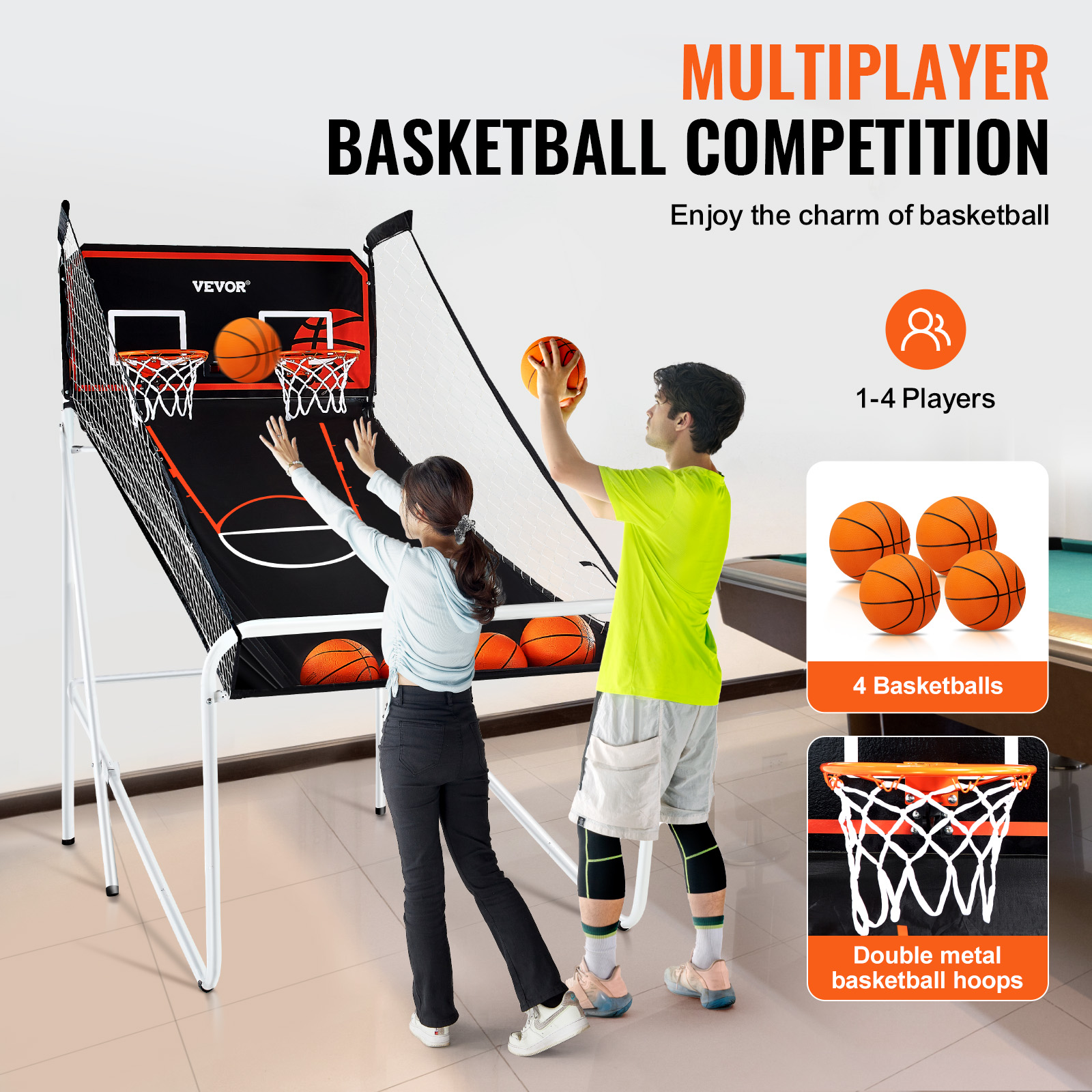 VEVOR Indoor Double Shot Basketball Arcade Game Iron Cage 2 Player 5/4 Balls - Picture 19 of 50