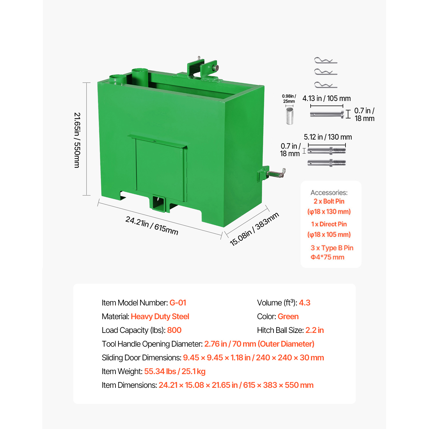 Ballast Box 3 Point Category 1 Tractor Quick Tach Hitch Counterweight Green Red