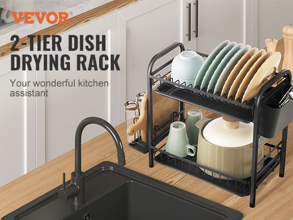 VEVOR 2 Tier Dish Drying Rack Dish Drainer Carbon Steel Kitchen Utensil  Holder