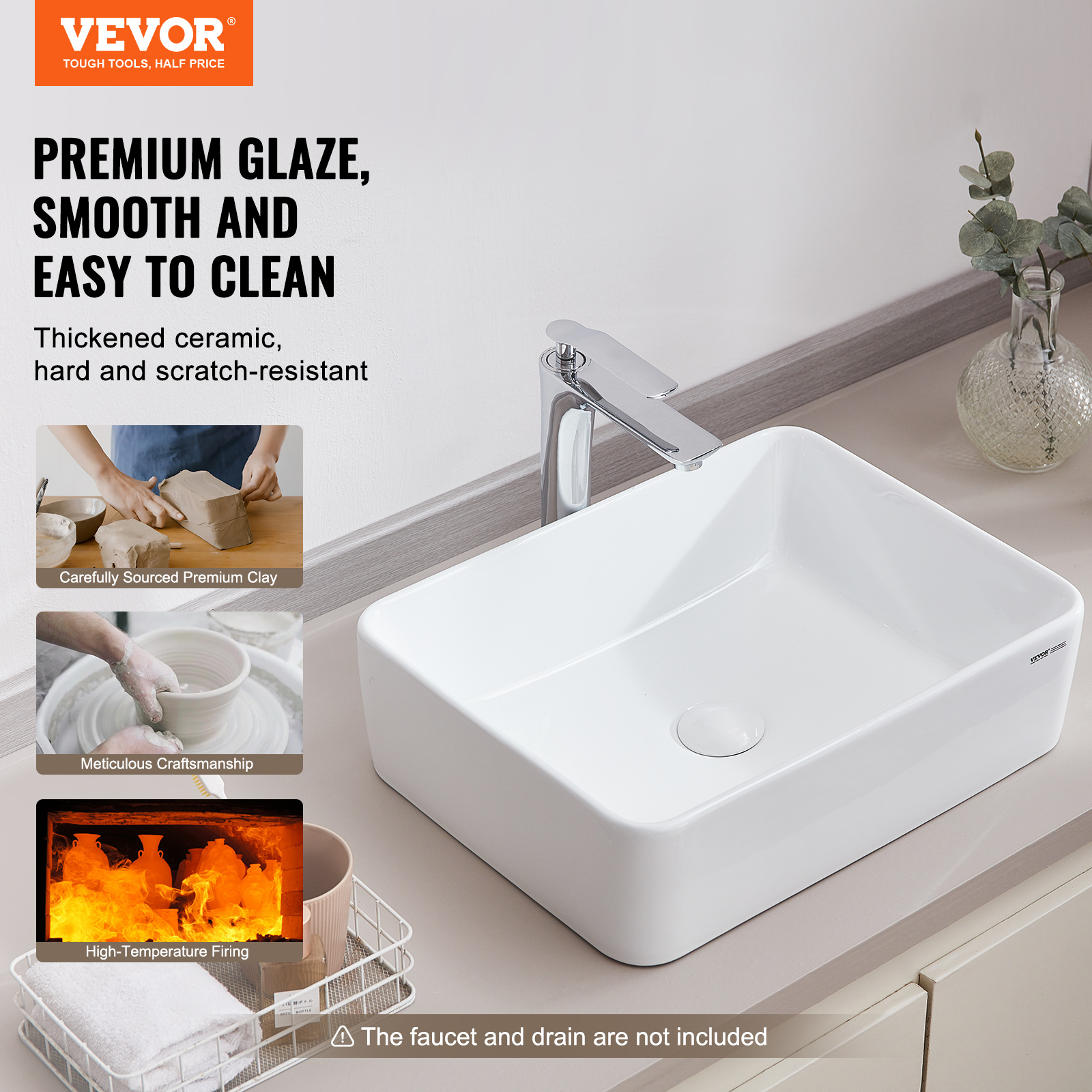 VEVOR Modern Ceramic Vessel Sink 16x12-24x13.8 Bathroom Vanity Bowl Countertop