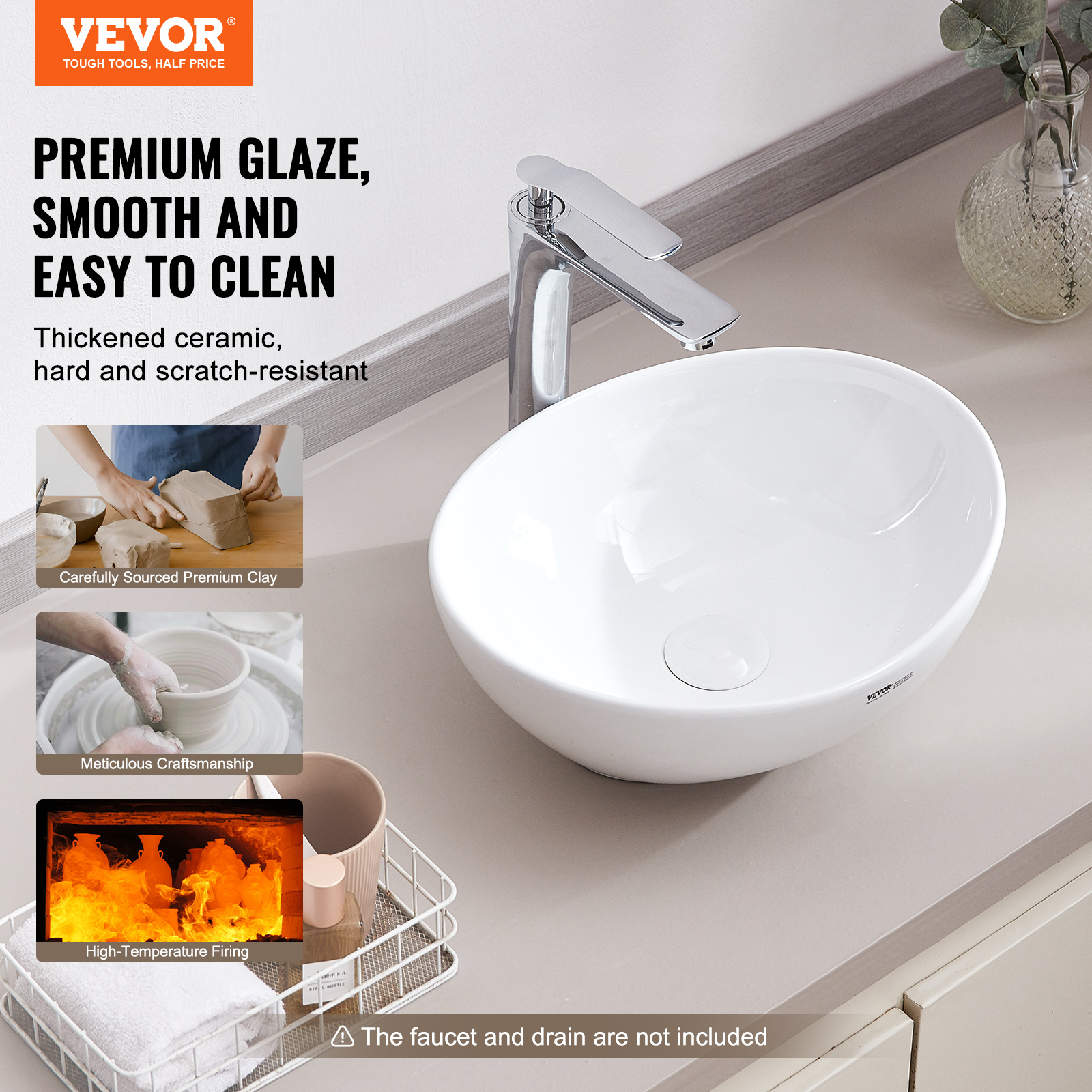 VEVOR Modern Ceramic Vessel Sink 16x12-24x13.8 Bathroom Vanity Bowl Countertop