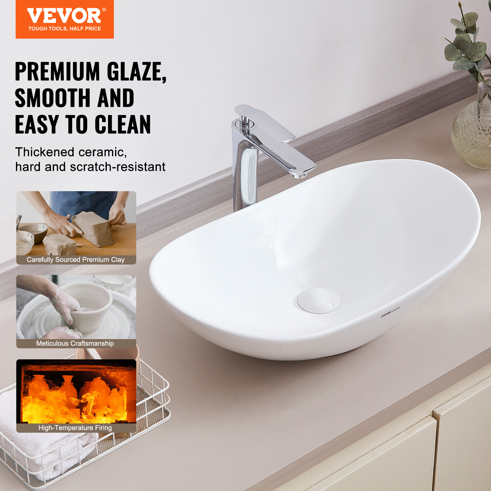 VEVOR Modern Ceramic Vessel Sink 16x12-24x13.8 Bathroom Vanity Bowl Countertop